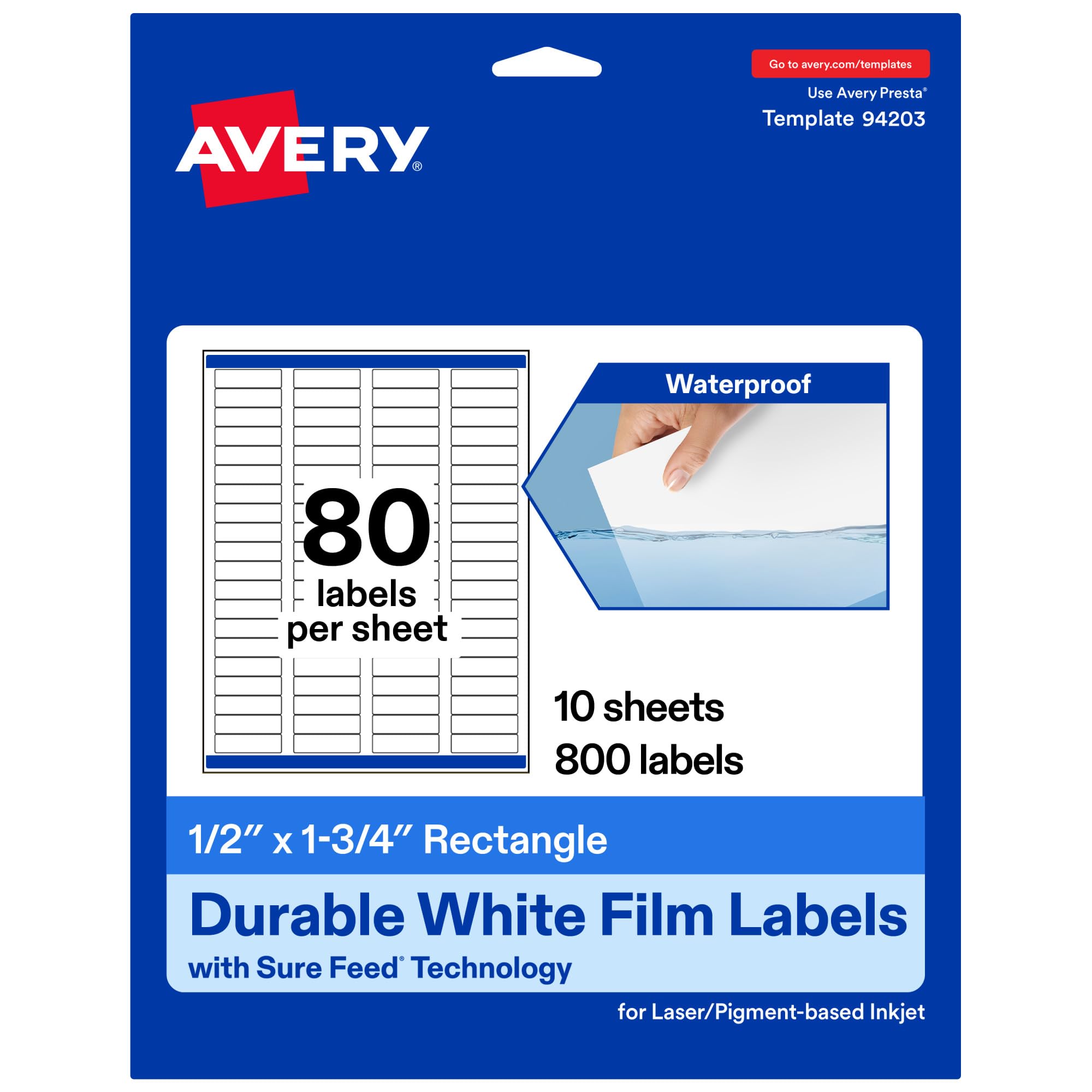 Avery Printable Durable White Rectangle Labels, Sure Feed Technology, 0.5" x 1.75", Waterproof Labels, Laser & Pigment-Based Inkjet Compatible, 800