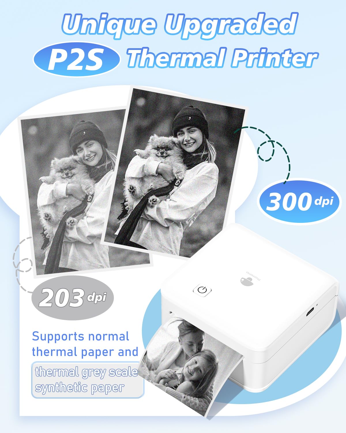 Phomemo P2S Mini Drukarka Fotograficzna, Mini Drukarka Bluetooth, Przenośna Drukarka Termiczna 300 dpi z 3 Rolkami Papieru, Kompatybilna z iOS i Androidem, do zdjęć, zdjęć, prezentów