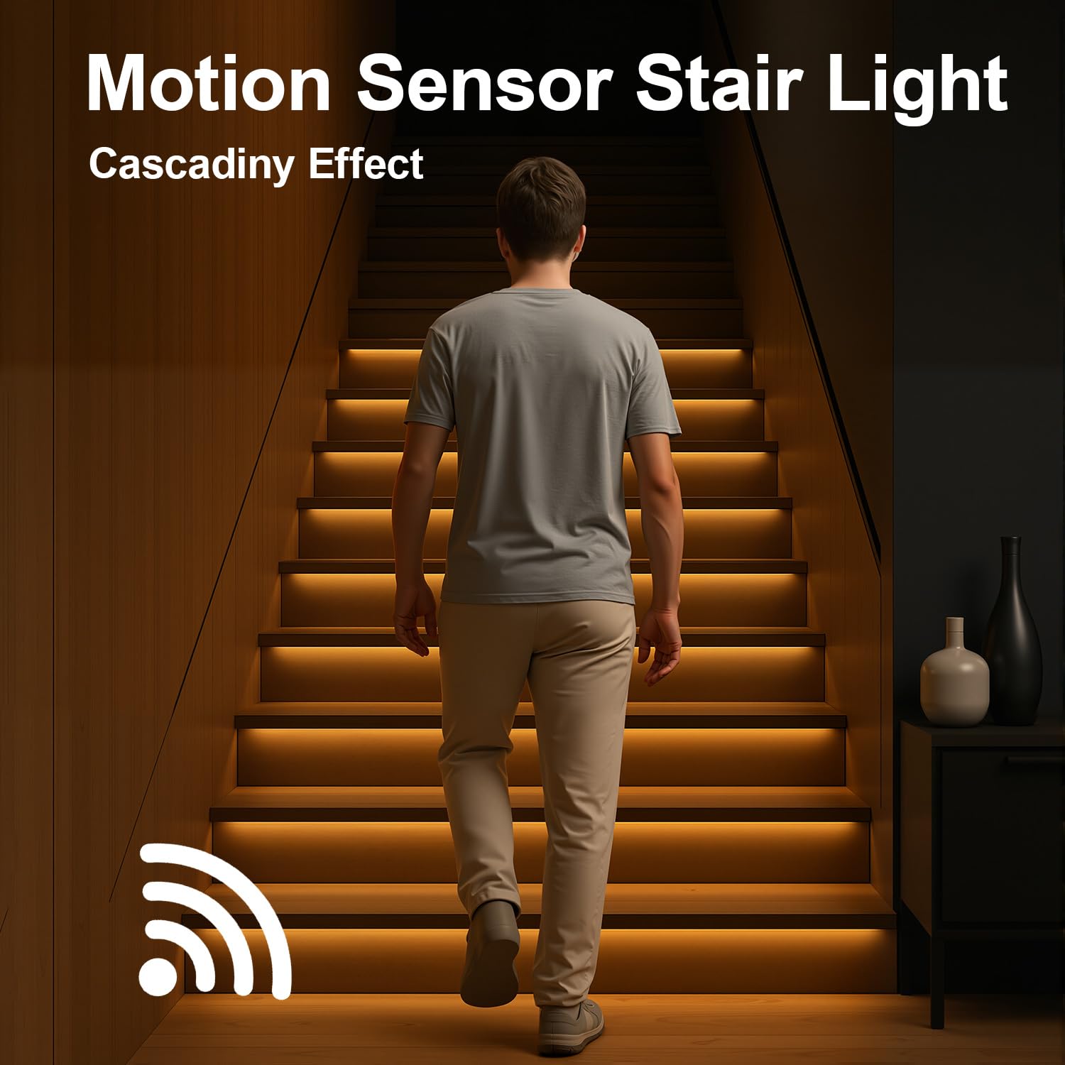 BlueDate Intelligent Motion Triggered LED Stair Lighting Kit, 60 Inches Long Cuttable LED Strip Light for Indoor Stair Lights (Warm White 3000K, 10-15 Stairs)