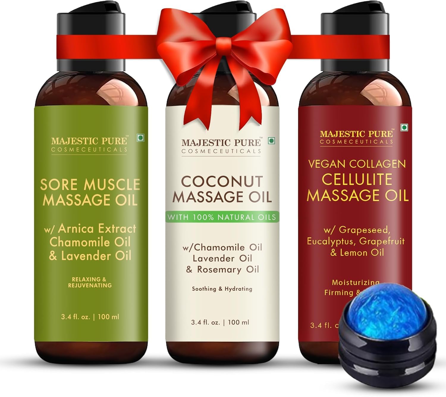 – Majestic Pure Sore Muscle & Coconut Massage Oil Set 100 ml Each - Refreshing & Relaxing Massage Therapy Oil, Natural Oils, Includes Massage Roller, for Men & Women