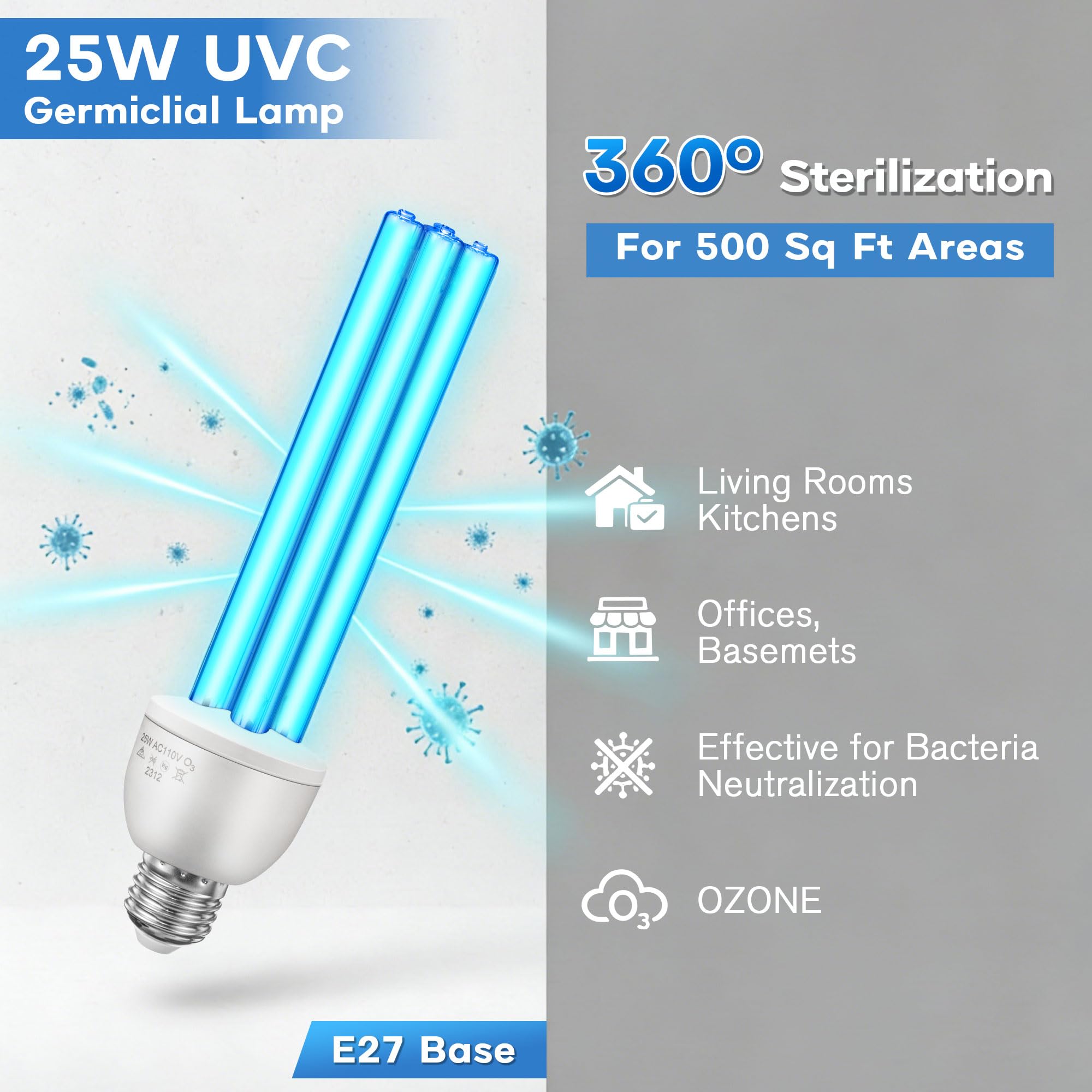 Enhon 25W UV-Lampe, 254nm UVC-Desinfektionslampe mit E27-Sockel, 360° Sterilisation für 500 ft², Wirksam gegen Bakterien in Wohnzimmer, Küche, Büro, Keller (Ozon)