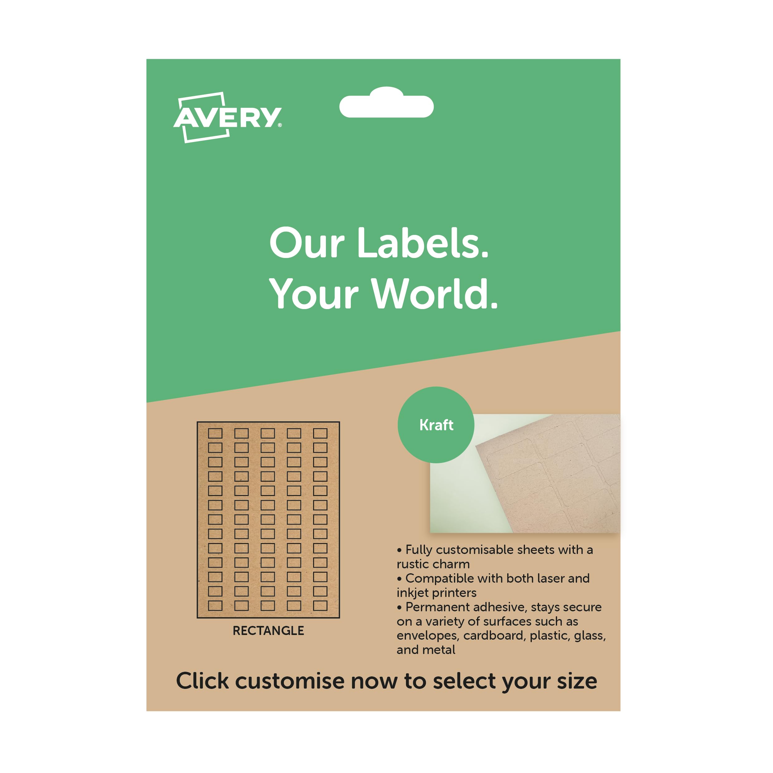 Avery Recycled Kraft Paper Labels - Custom Size A4 Sticky Labels for Printing, Eco-Friendly A4 Printer Sticker Sheets for Inkjet & Laser Printers, Sustainable Kraft Material for Home & Office Use