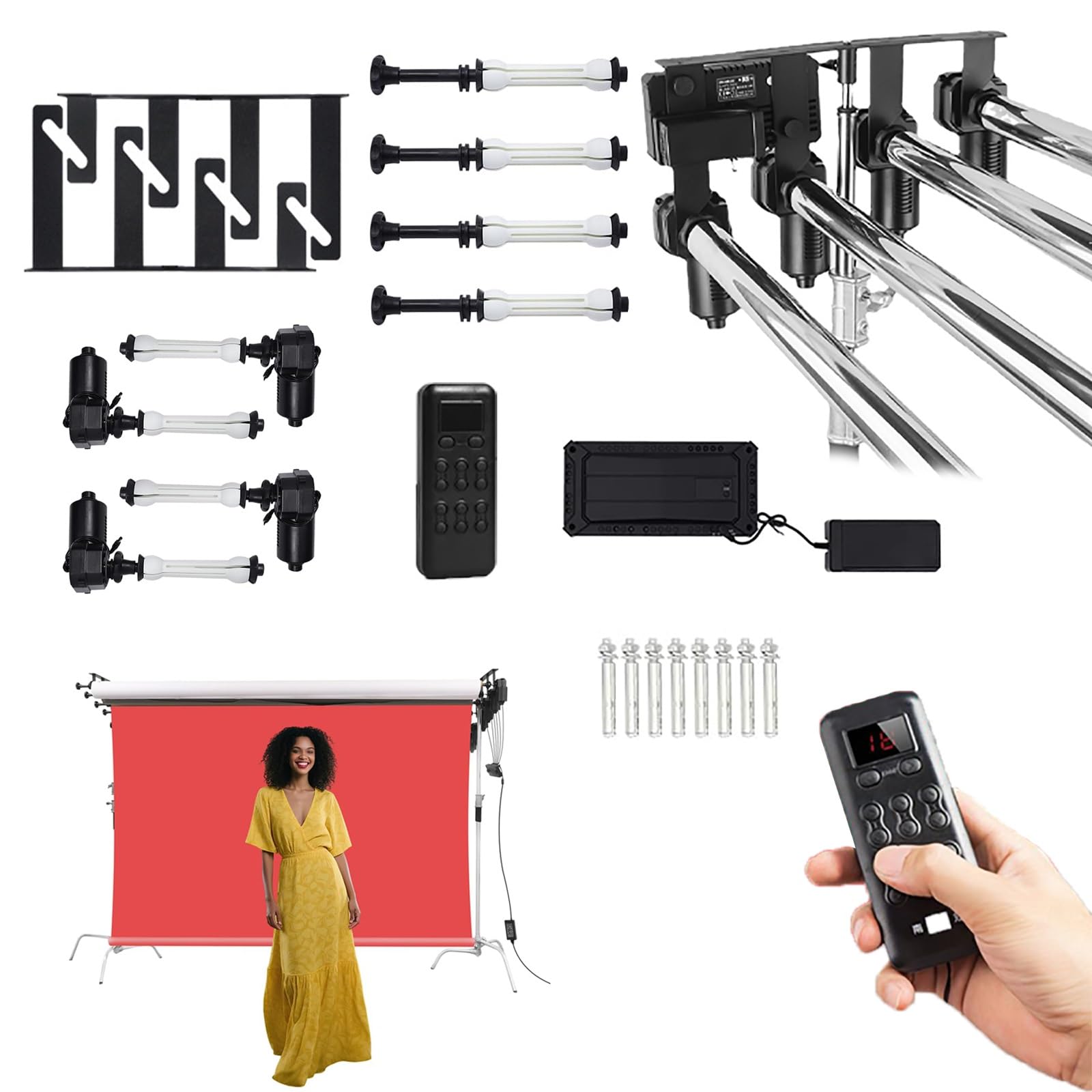 Sistema de soporte de fondo de fotografía, kit de fondo motorizado para montaje en techo y pared con control remoto, capacidad de carga de 44 libras, soporte de telón de fondo de rodillo eléctrico