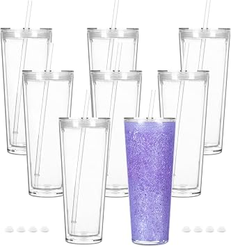 Cosictic 24 OZ Reusable Acrylic Snow Globe Tumbler with Pre Drilled Hole, Plastic Double Wall Snowglobe Tumbler with Clear Lid and Straw,  8 Pack