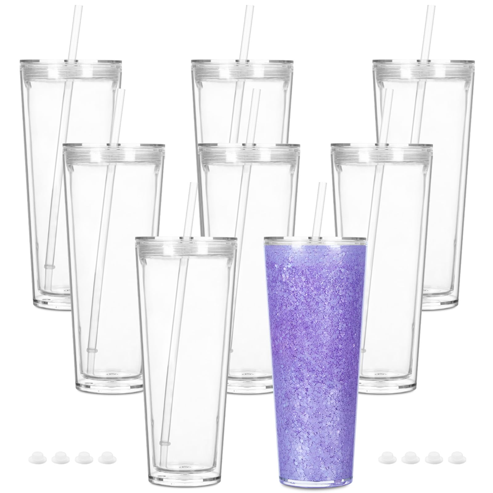 Cosictic 24 OZ Mehrweg Acryl-Schneekugel-Tumbler mit vorgebohrtem Loch, 709ml, Kunststoff-Doppelwandiger Schneekugel-Tumbler mit klarem Deckel und Trinkhalm, (8 Stück)