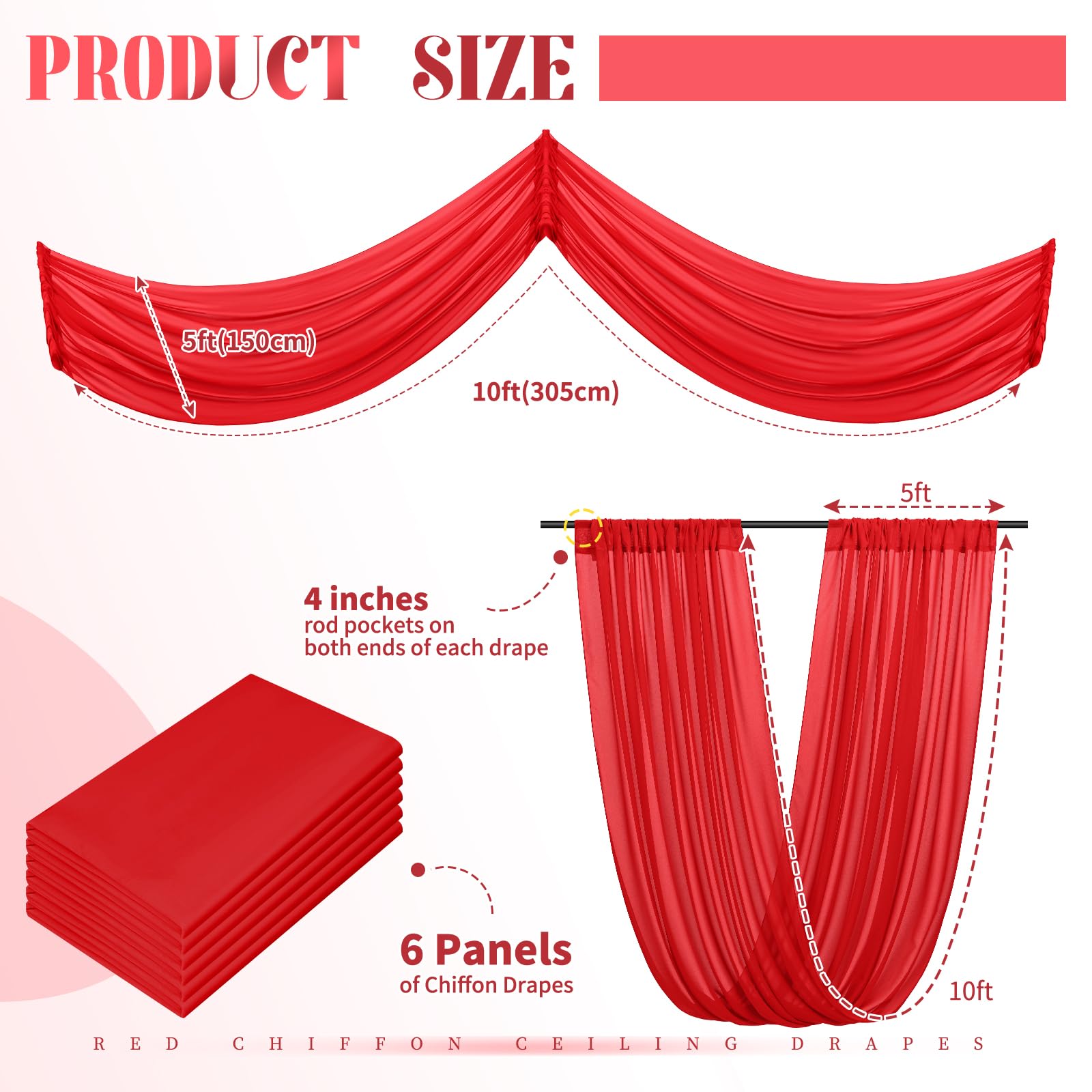Lot de 6 rideaux de plafond en mousseline de soie transparente pour décoration de plafond de mariage, fête, cérémonie, scène - 1,5 x 3 m - Rouge