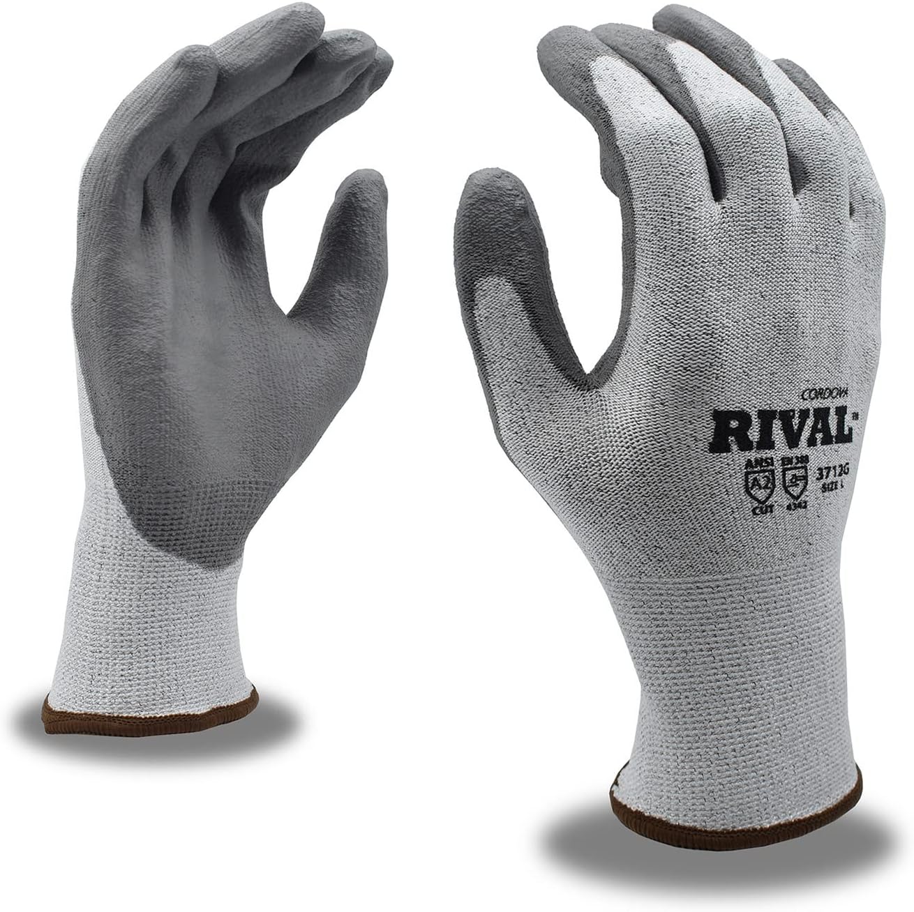 Cordova 3712GL Rival Light Gray 13-Gauge HPPE Shell Gloves, Gray Polyurethane Palm Coating, ANSI Cut Level A2, Large, 3-Pack