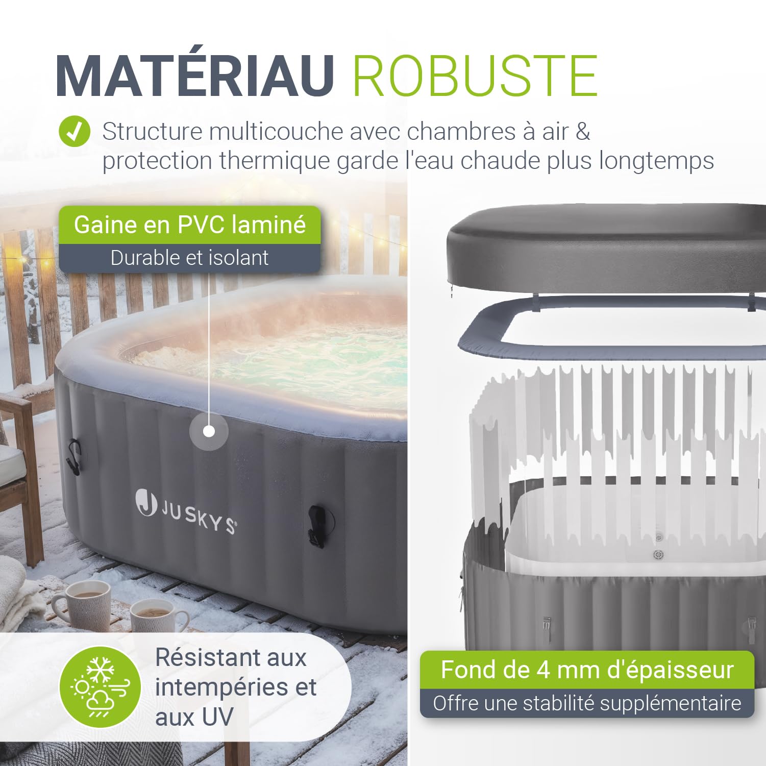 JUSKYS® Bain bouillonnant SpaLuxe – Structure extérieure, 130 Buses, Puissance Totale 3000 W, éclairage LED Gris/Bleu