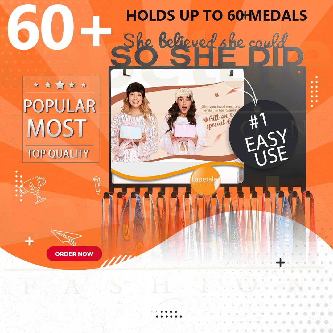 BIB - Soporte para medallas de pared, diseño con texto en inglés "She Believed She Could So SHE DID-Medallas, premios, cinta, animación, gimnasia, fútbol, softball, medallas