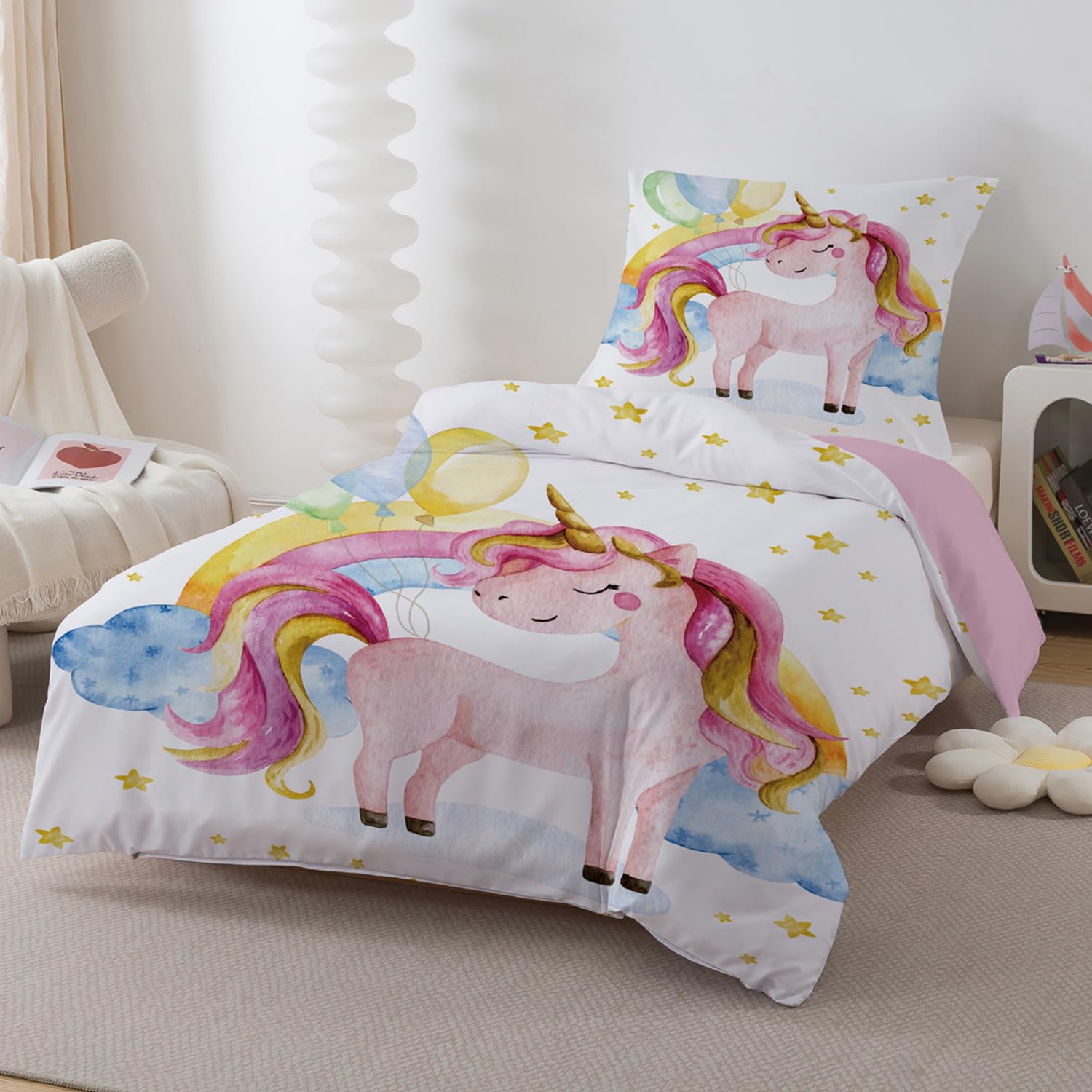 Licorne Enfant Housse de Couette, Fille Parure de Lit 90x190cm - Microfibre Parure de Couette avec Fermeture Eclair + 1Taie d'oreiller 40x60cm