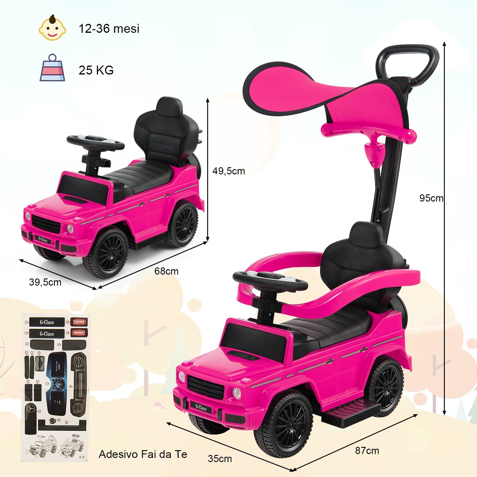 COSTWAY Auto a Spinta per Bambini, Macchina Cavalcabile a Spinta con Tettuccio Regolabile Maniglia per Genitori Paracolpi, Ideale per Bambini 12-36 Mesi (Rosa)