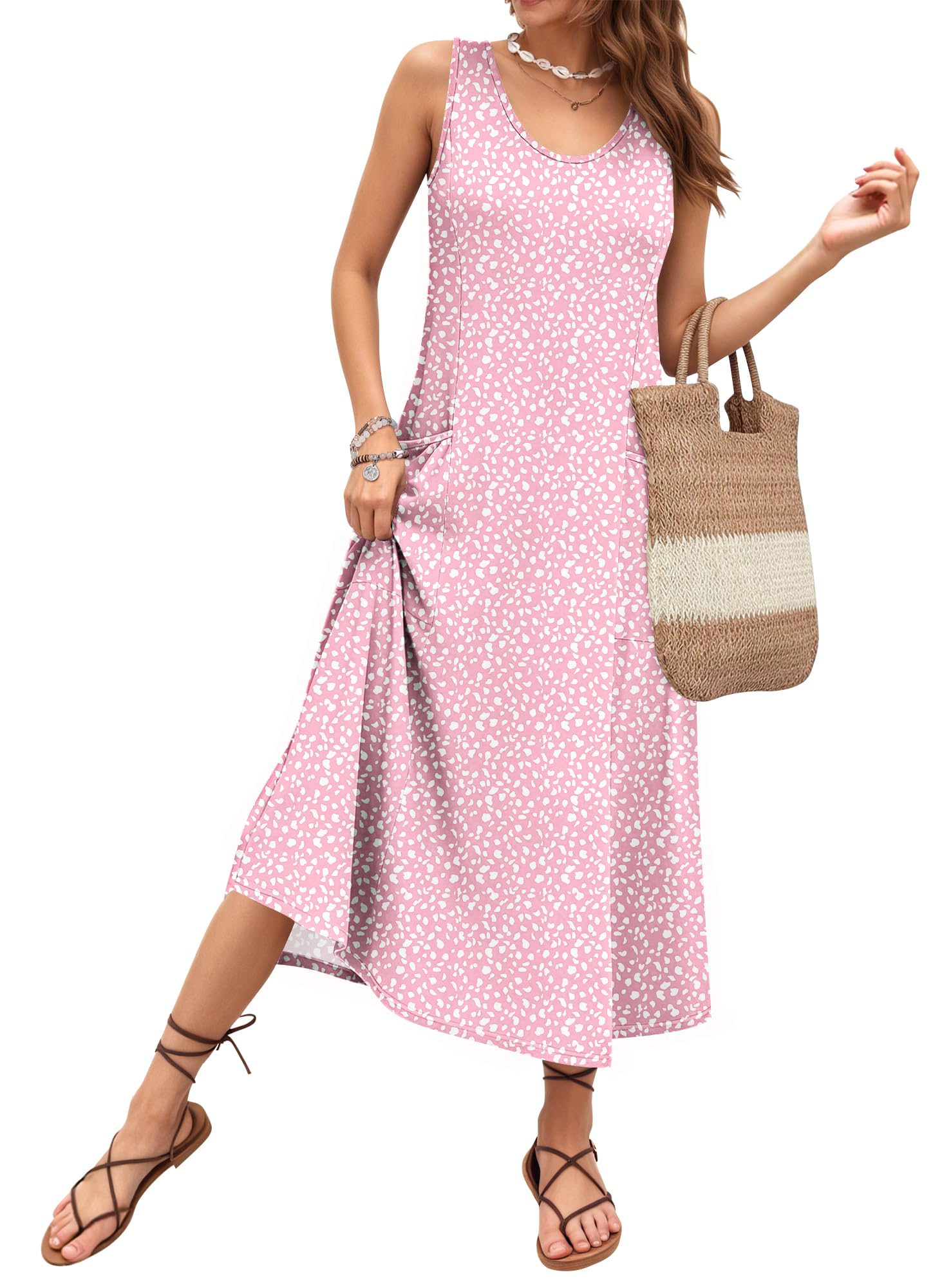 AUSELILY Sommerkleid Damen Lang Ärmellose Lockeres Maxikleider Damen Sommer U-Ausschnitt A Linien Strandkleid Damen Luftig Urlaubskleid mit Taschen