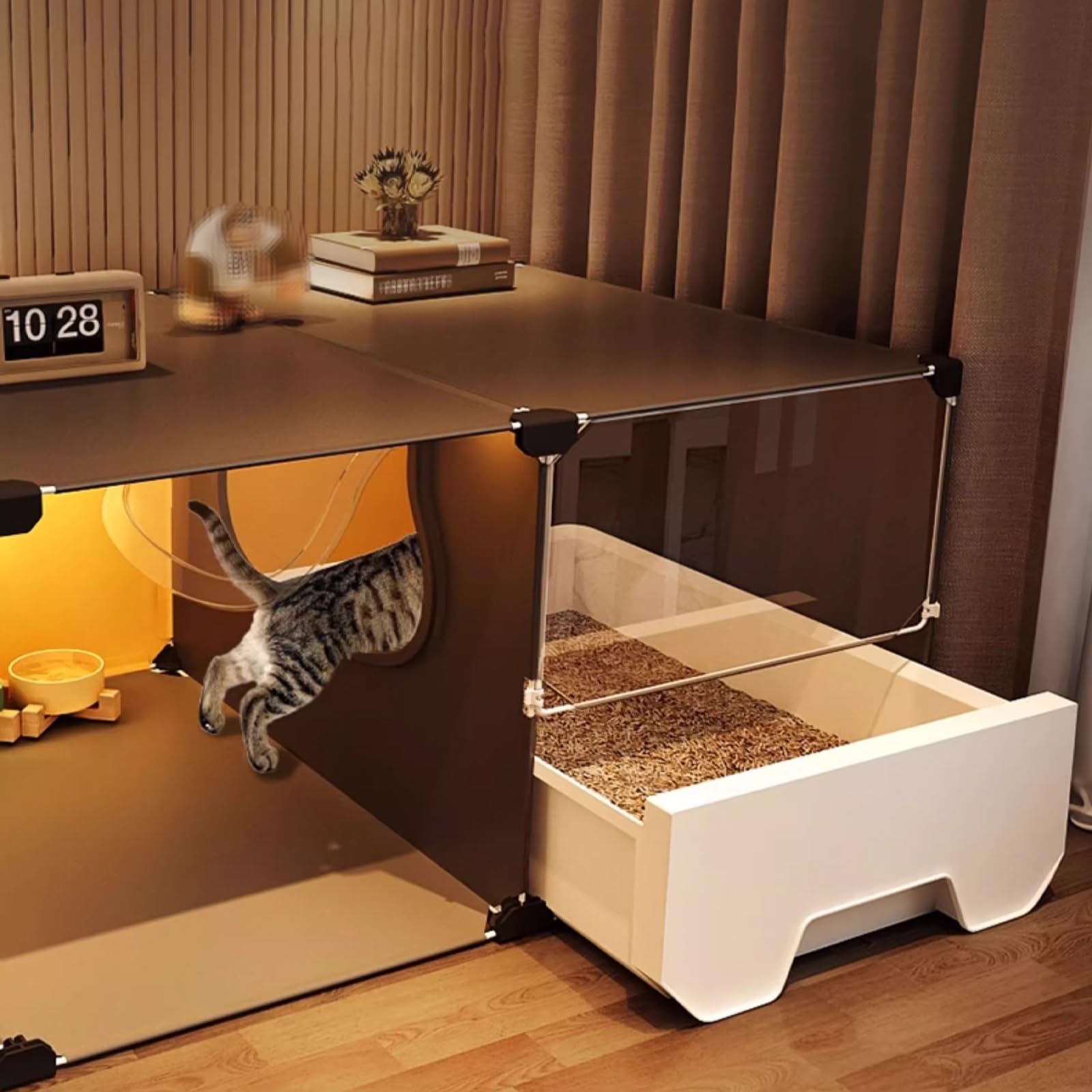 Cage à Chat Intérieure avec Litière Transparent Enclos Spacieux pour 1–2 Chats, Lapin, Petits Animaux, Grande Zone d'exercice pour Chat, Montage Facile(141x46x36CM)