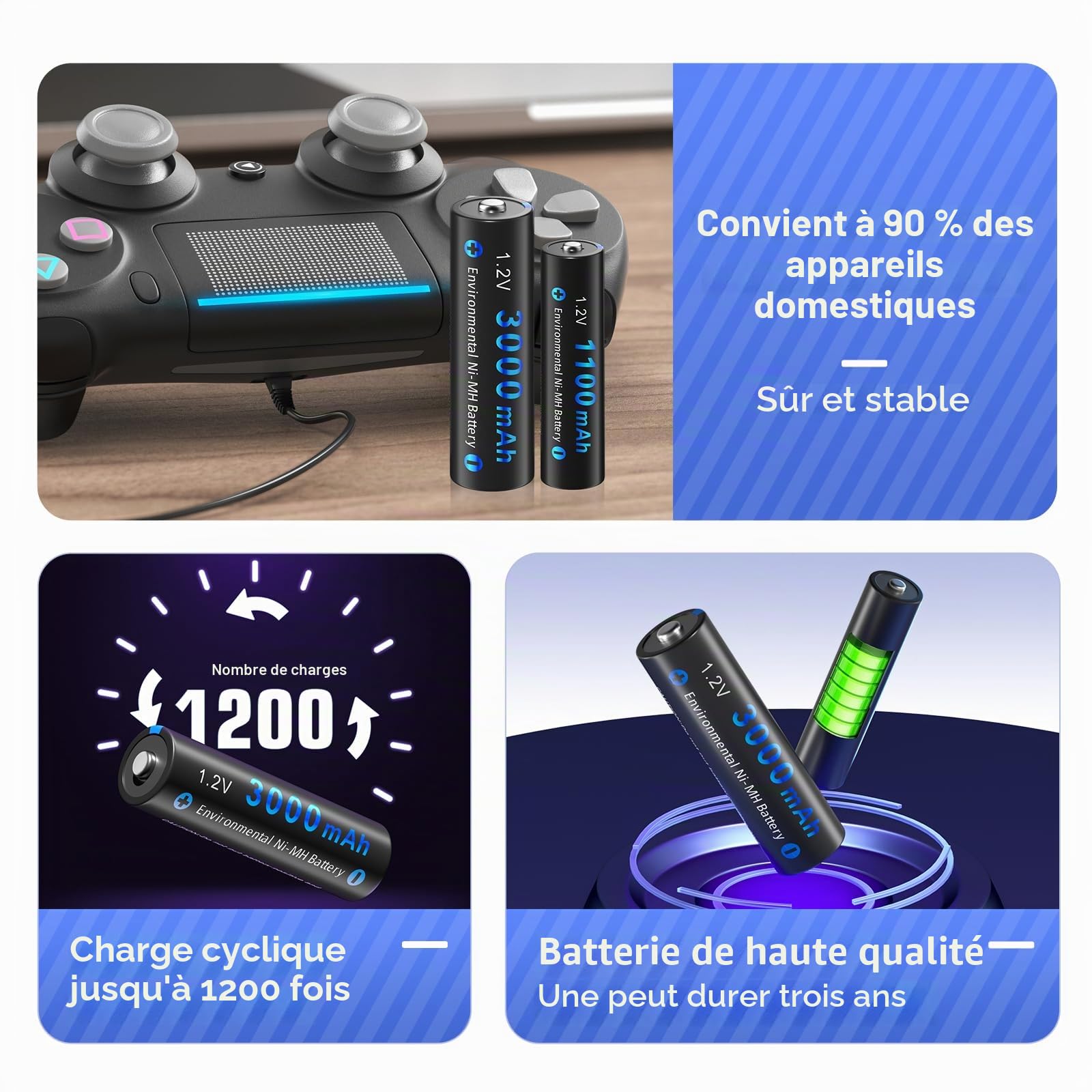 Chargeur de Batterie Intelligent LCD AA/AAA PALO 16 Baies avec 8 Piles Rechargeables AA 3000mAh et 8 Piles Rechargeables AAA 1100mAh