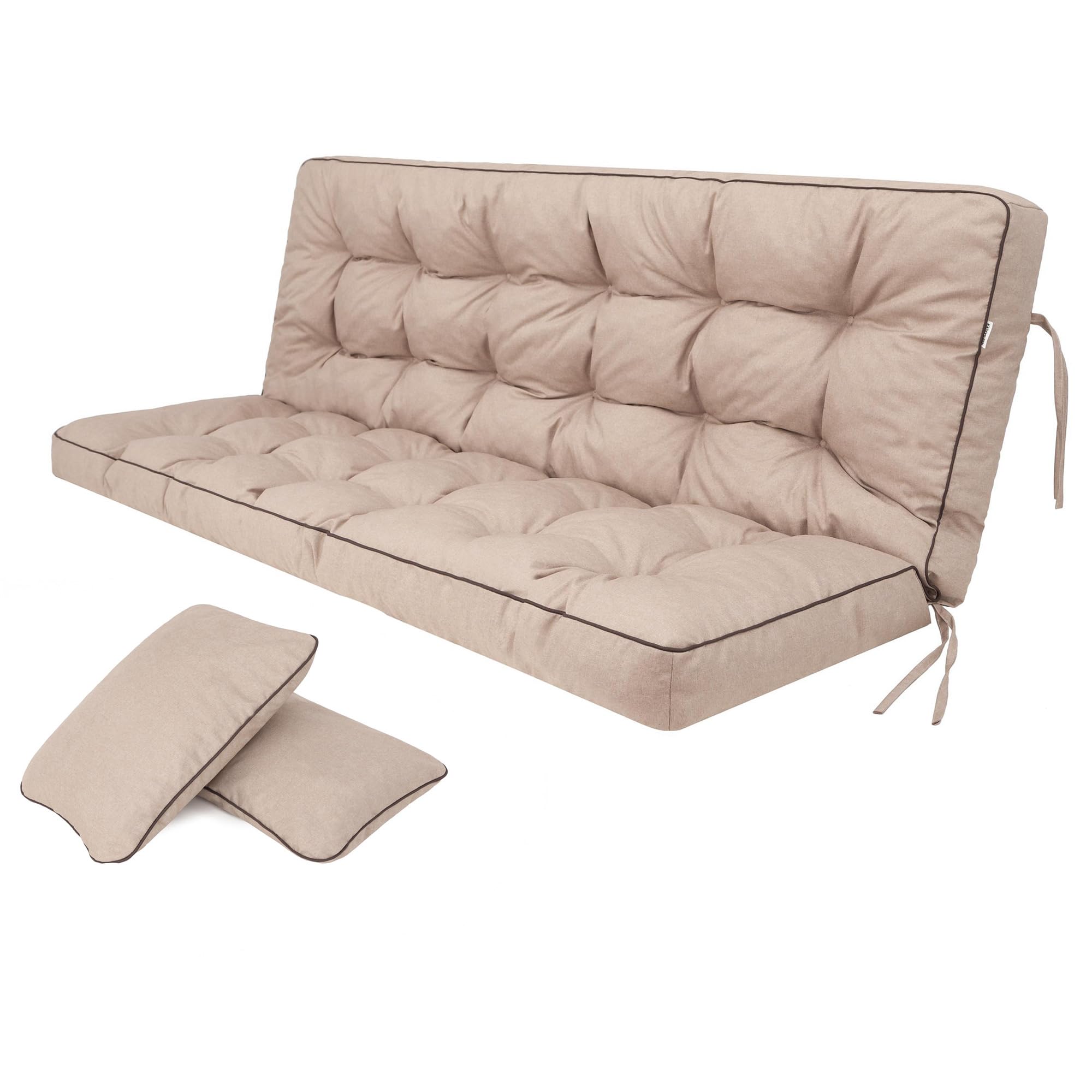 Coussins pour Bancs de Jardin - Coussins Assise & Dossier Souples - Chaise Longue, Banc de Jardin, Balancelle, Sol - Imperméables, Motif Matelassé, Sangles d'attache - 180 cm Beige