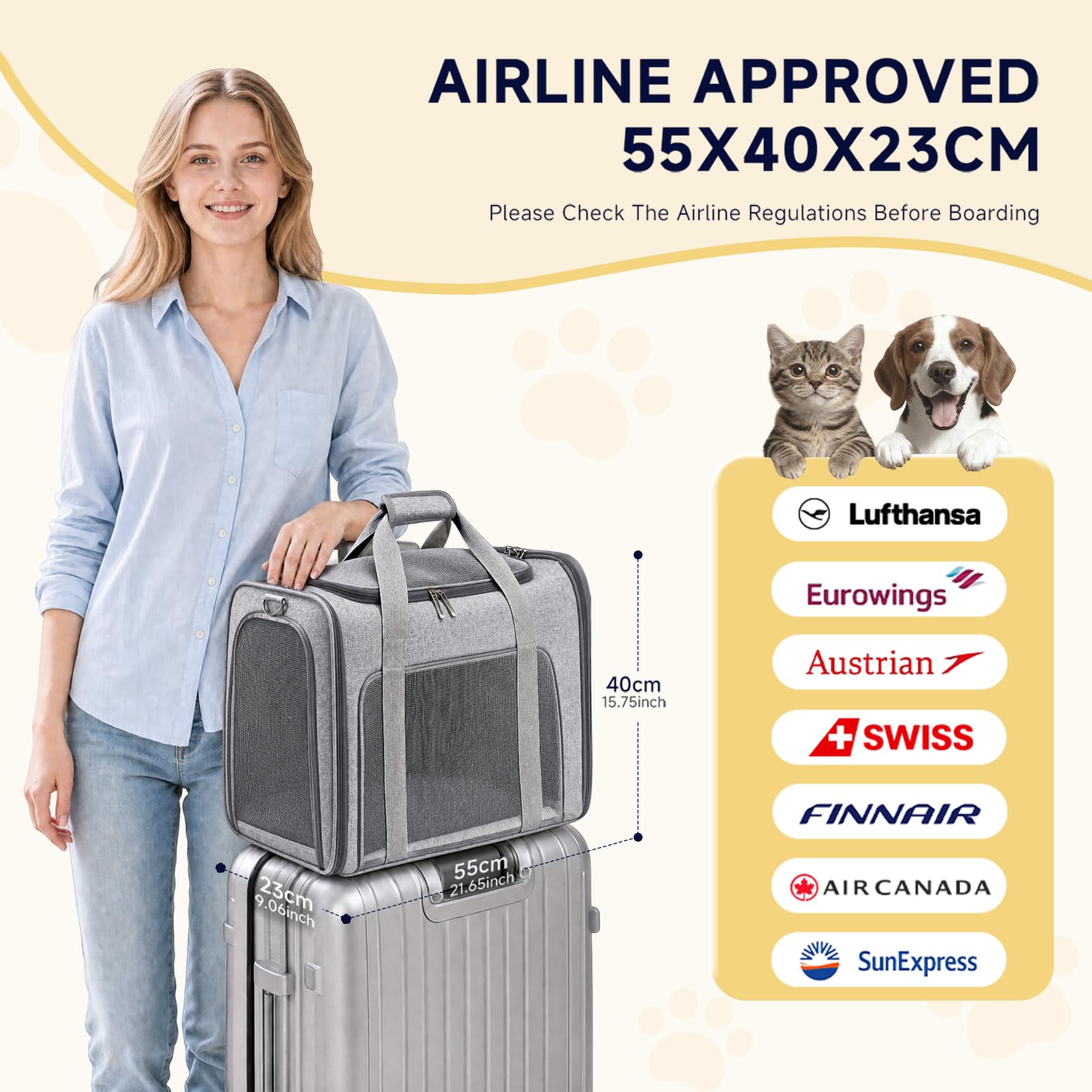 55x40x23cm Transportin Gato Homologado para Avion Cabina, Plegable Bolsa de Transportin Perro Grande Transpirable Cat Carrier con Bebedero Plegable para Gatos y Perros, Air Europa Aerolineas