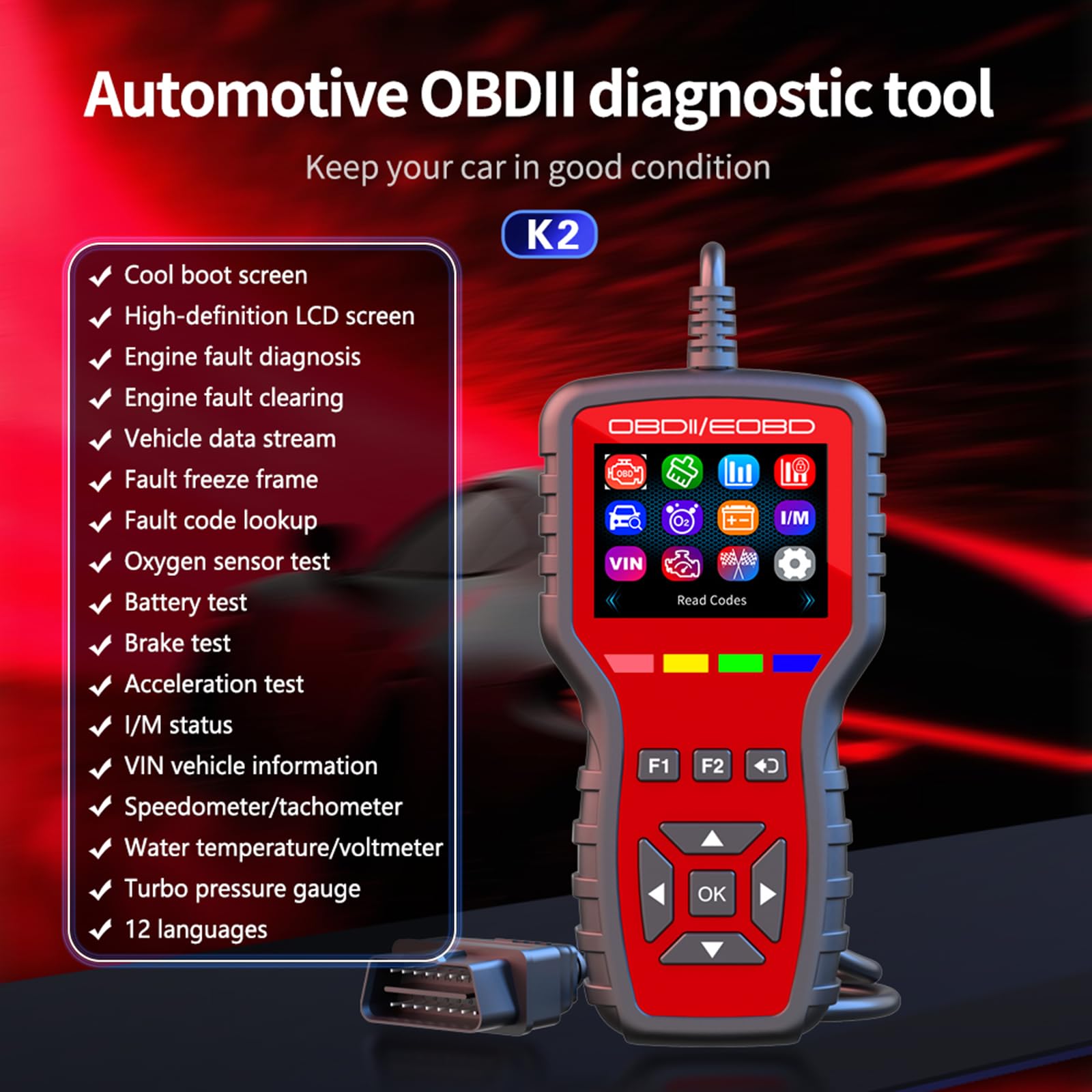 Escáner K2 OBD2 OBD2 Herramienta de diagnóstico con probador de batería, lector de código de fallo del motor con marco congelado, prueba de sensor de oxígeno, estado de preparación I/M, adecuado para