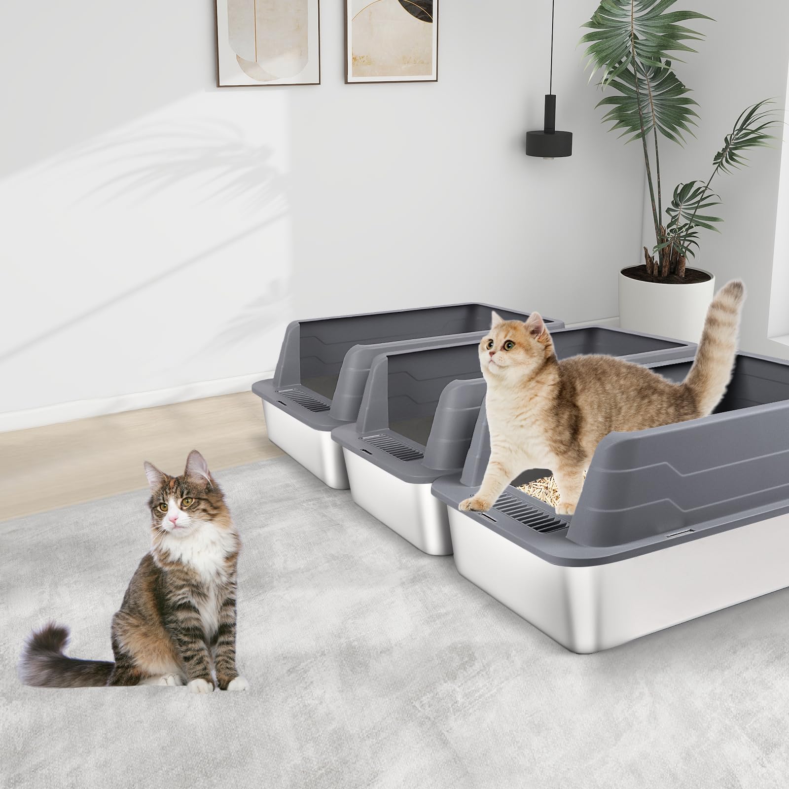 Cajas de Arena para Gatos de Acero Inoxidable con Pala, Bandeja higiénica de Lados Altos, antisalpicaduras, sin olores, Antiadherente, fácil de Limpiar (Gris Oscuro, 3 Unidad)