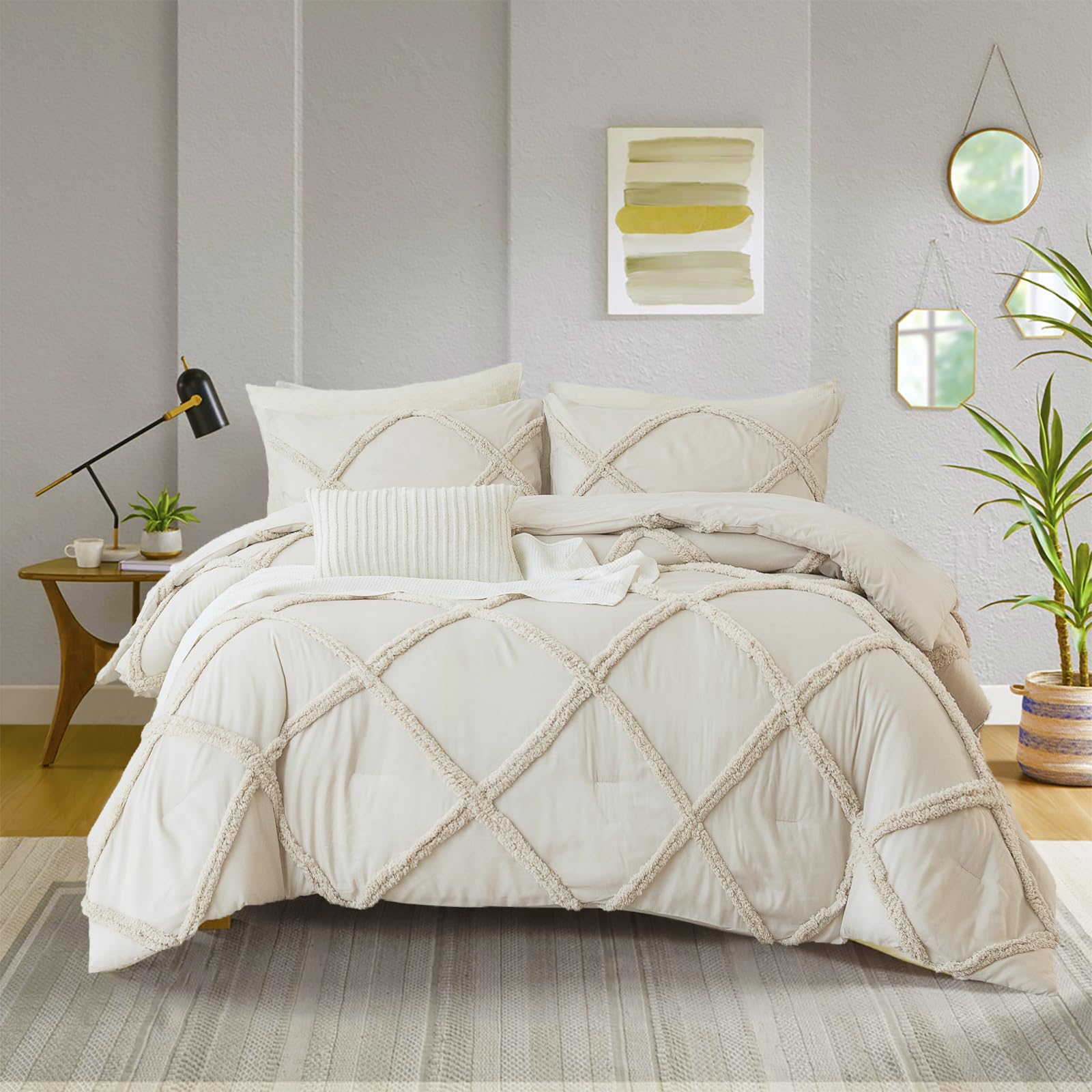 BedbayTufted Boho Comforter Set Queen Beige Boho Bedding Comforter Set Shabby Chic Farmhouse Quilt Set Room Decor Aesthetic 3 Pcs Geometric Embroidery Jacquard Lightweight Comforter Queen Size