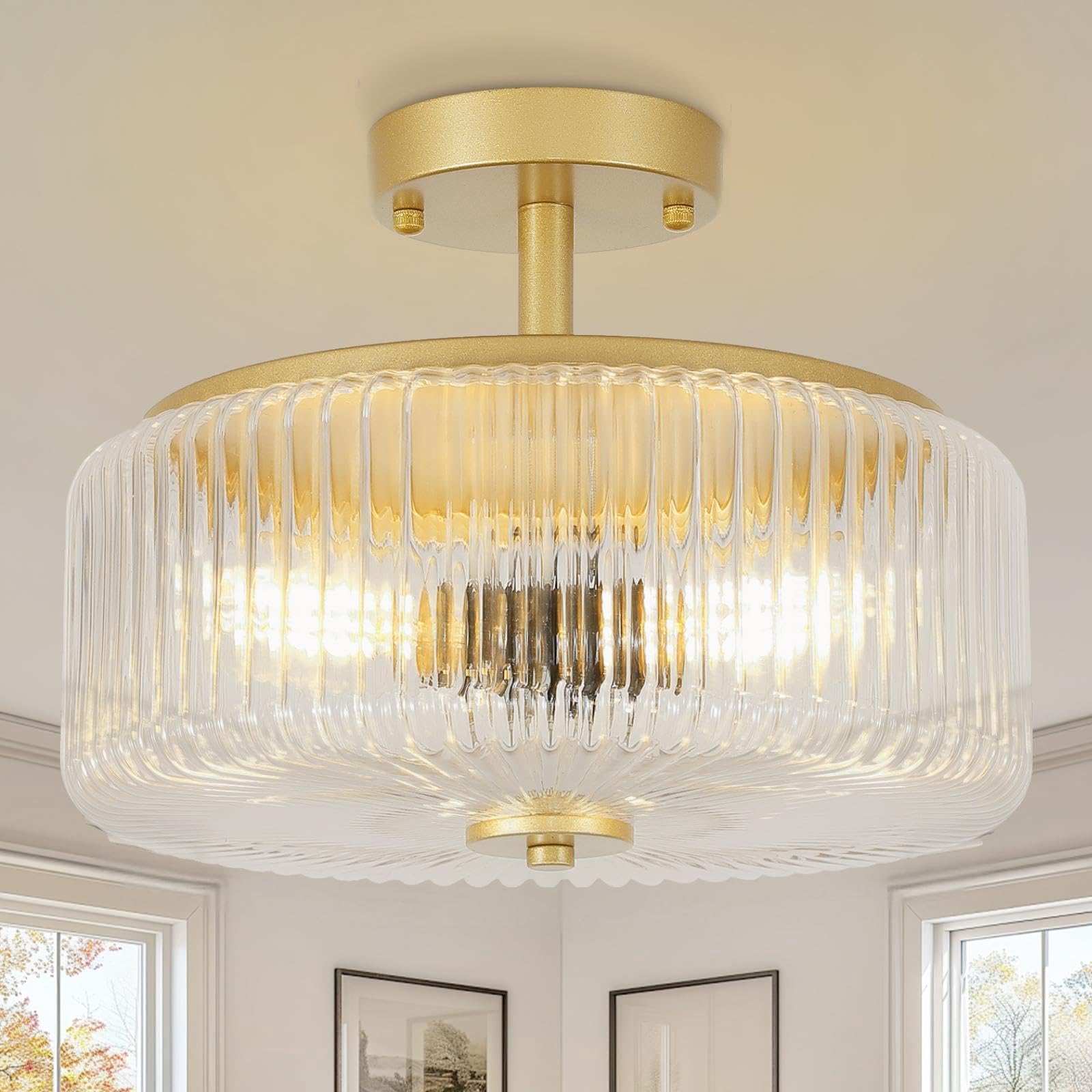 Gold Ribbed Glass Semi Flush Ceiling Fixture