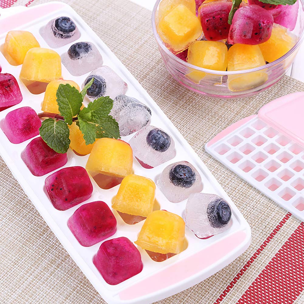SoFull 21/36 Ice Cube Trays Mould with Lid,Grids Food Grade PP Ice Cube Making Tray Jelly DIY Mold Accessory Pink 21Grid