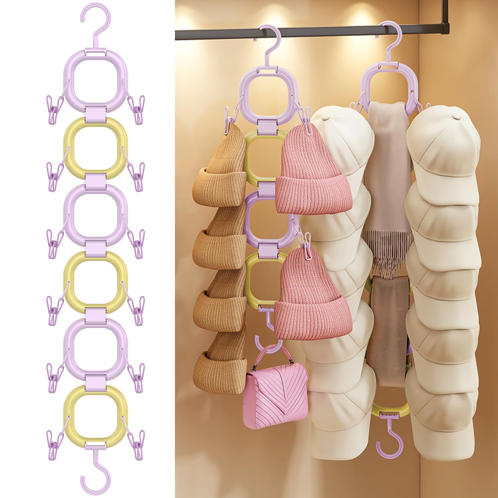 Hat Organizer for Baseball Caps,Hat Rack Small Space Organization for Wall and Cloeset,Hanger Hat Holder Hold up to 16 Hats for Closet Door and Bedroom (Purple and Yellow, 6Loops)
