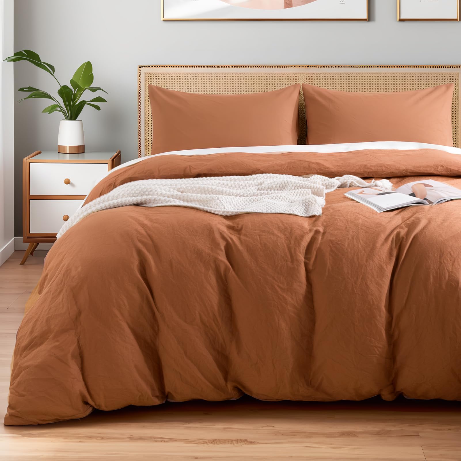 NEXHOME PRO Terracotta Burnt Orange Duvet Cover Set King Size Linen Textured Organic Natural 100% Washed Cotton Duvet Cover Fall Caramel 3 Pieces Bedding Set with Zipper Closure, Soft(No Comforter)