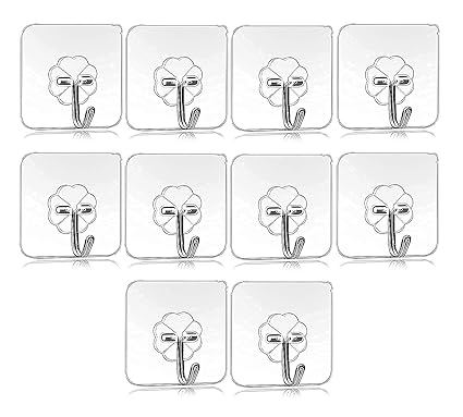 RAXON Self Adhesive Wall Hooks, Heavy Duty Sticky Hooks for Hanging 10KG (Max), Waterproof Transparent Adhesive Hooks for Wall (Pack of 10), Metal