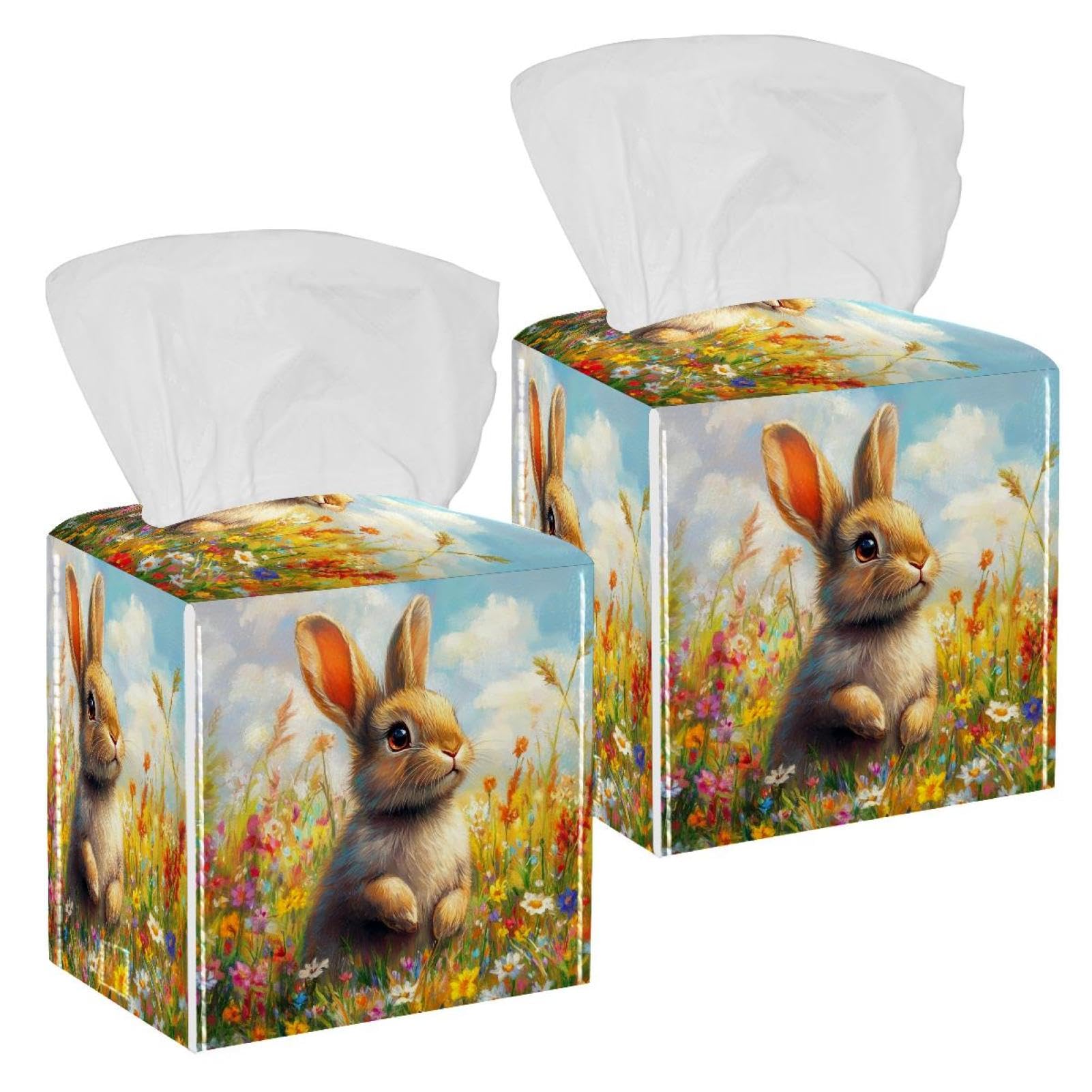 Cute Rabbit Tissue Box Cover, 2 Pack PU Leather Square Facial Tissue Dispenser Box holder for Home Office Car