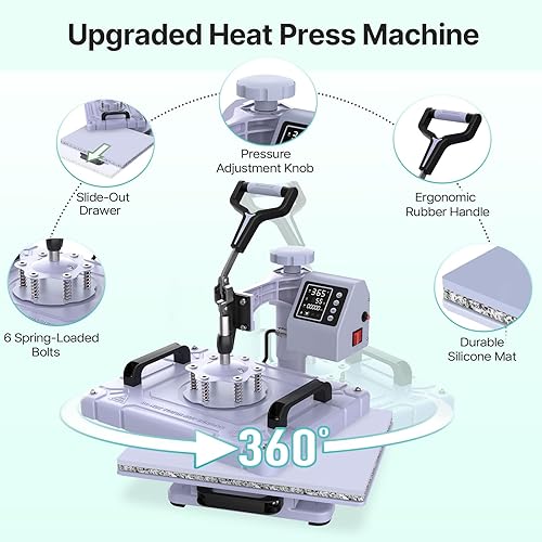 Miniatura 4 de Slendor Máquina de prensa de calor de 12 x 15 pulgadas, 5 en 1, máquina de prensado digital de camisetas de 360 grados, multifunción por
