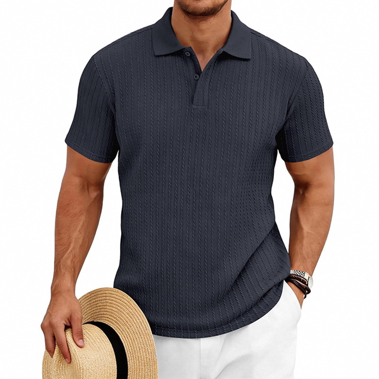 Polo Homme Texturé à Rayures Verticales Col Rabattu Boutonné Manches Courtes Été Confortable Coupe Ajustée Séchage Rapide pour Style Urbain et Décontracté