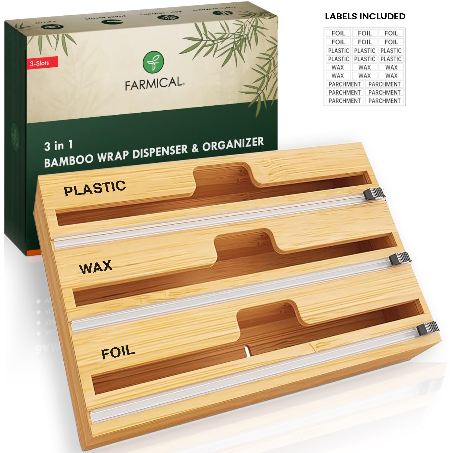 Farmical 3 in1 Foil Paper Holder for Kitchen with Cutter and Labels, Wooden Aluminium Foil Dispenser, Parchment Paper and Plastic Wrap Organizer for Drawer and Wall Mounted, Bamboo Box for 12" Roll (B0D5WS42TB) Amazon Price History, Amazon Price Tracker