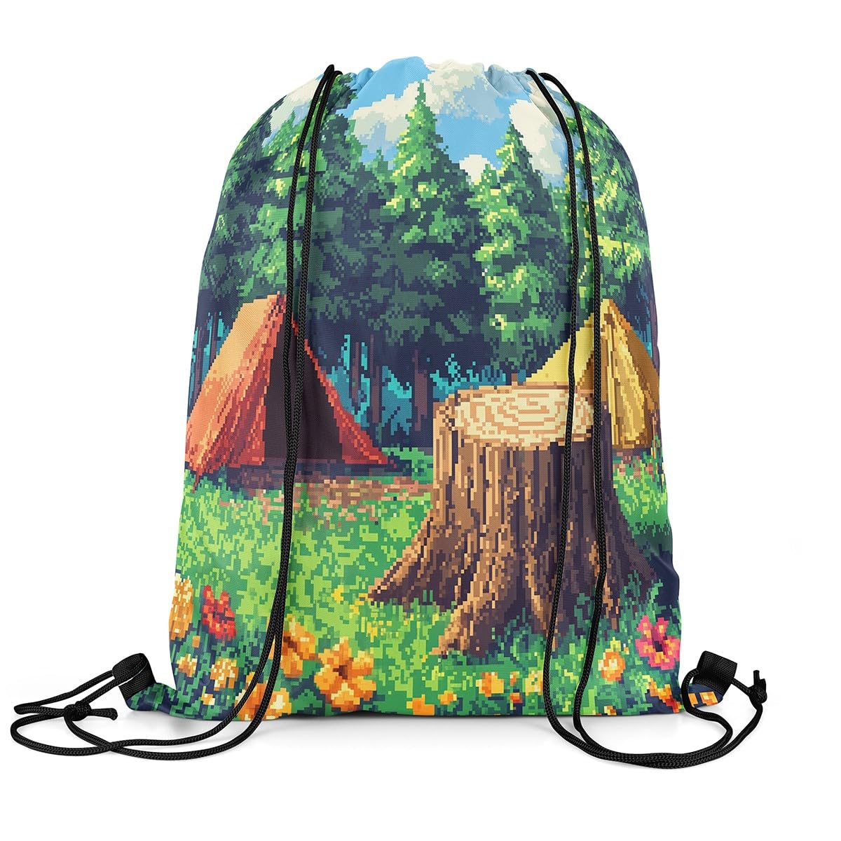 Camper Tent Draw String Bag,Pixel Style Camping Drawstring Backpack for Gym Sports,Video Games Large Capacity Sackpack,Waterproof