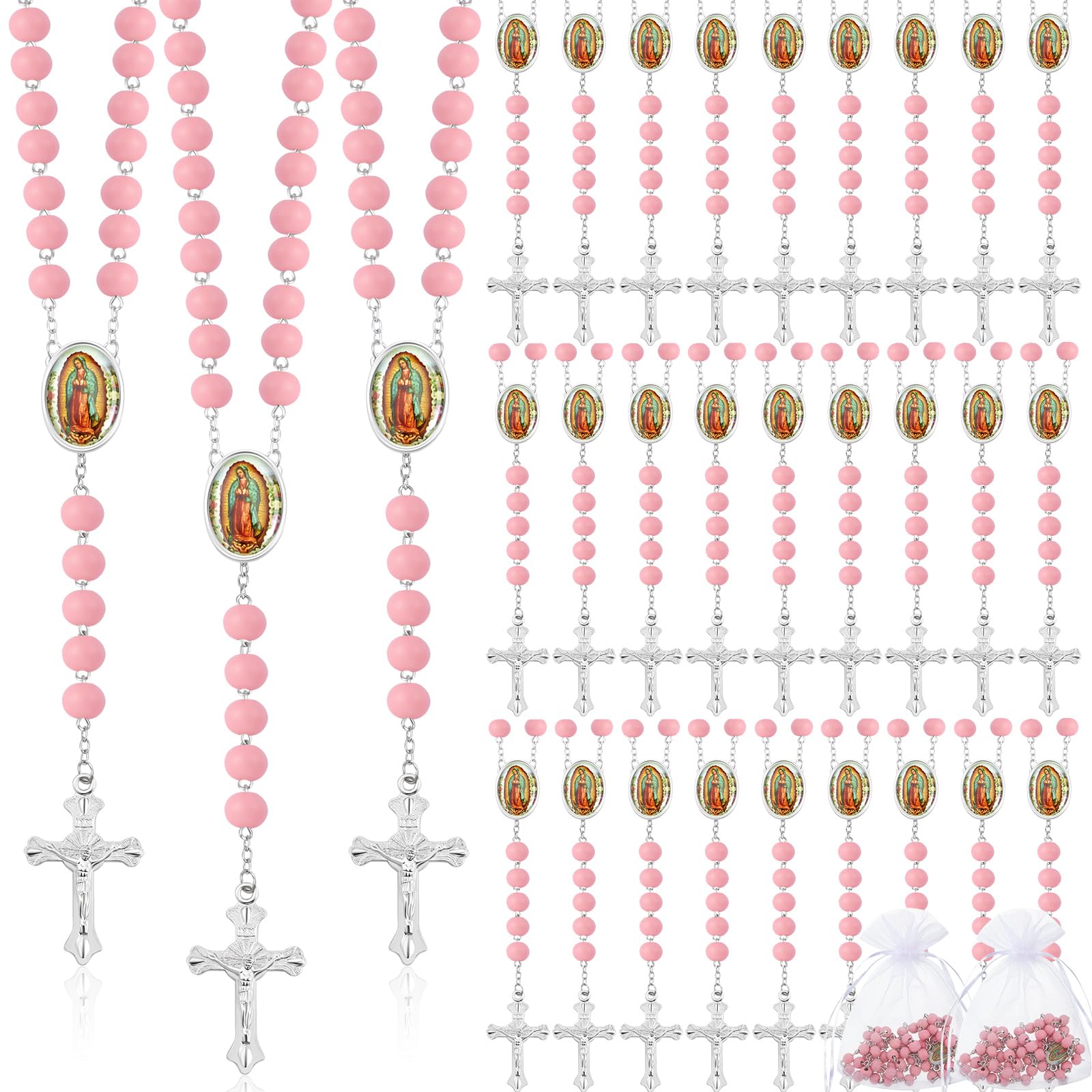 Taiyin 36 Pcs Wooden Bead Rosary Necklace with Crucifix and Our Lady of Guadalupe Scented First Communion Rosary with 36 Organza Bags Baptism Favors Catholic Gift for Men Women Pink 36