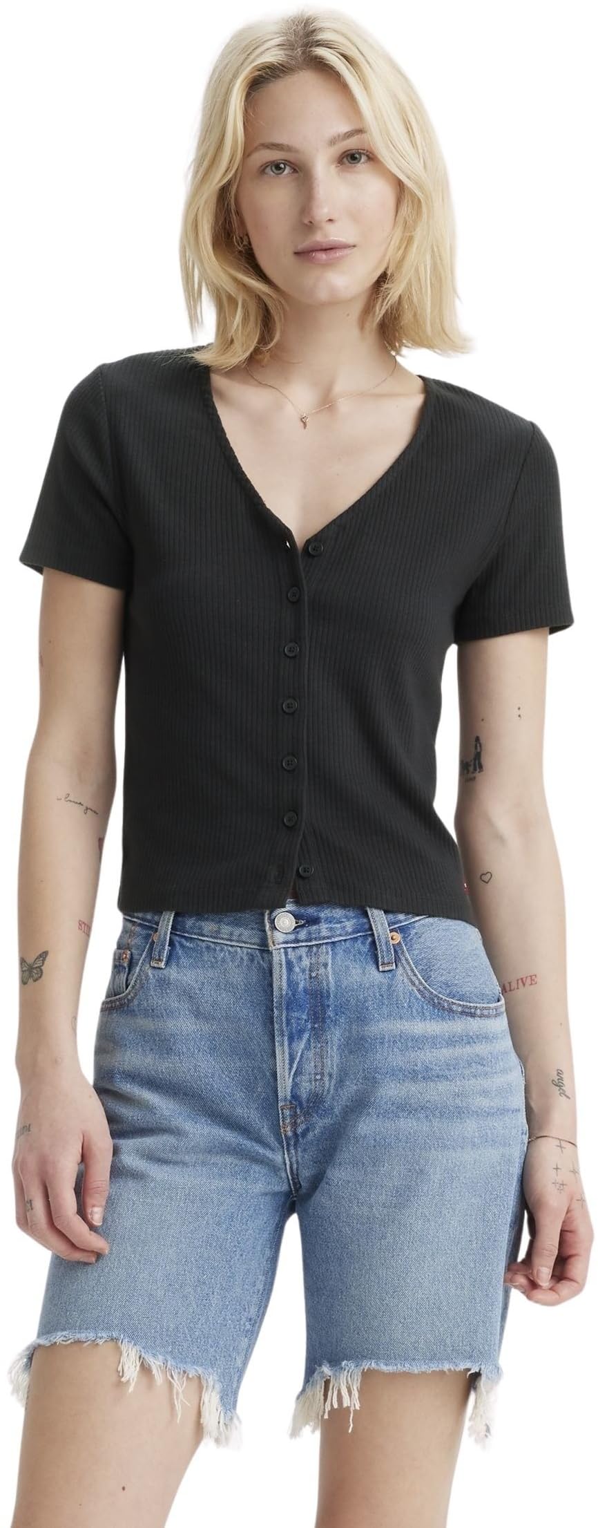 Levi's Women's Caviar - Black T-Shirt Muse Tee With V-Neck, Ribbed, Black (Egret), Xxs