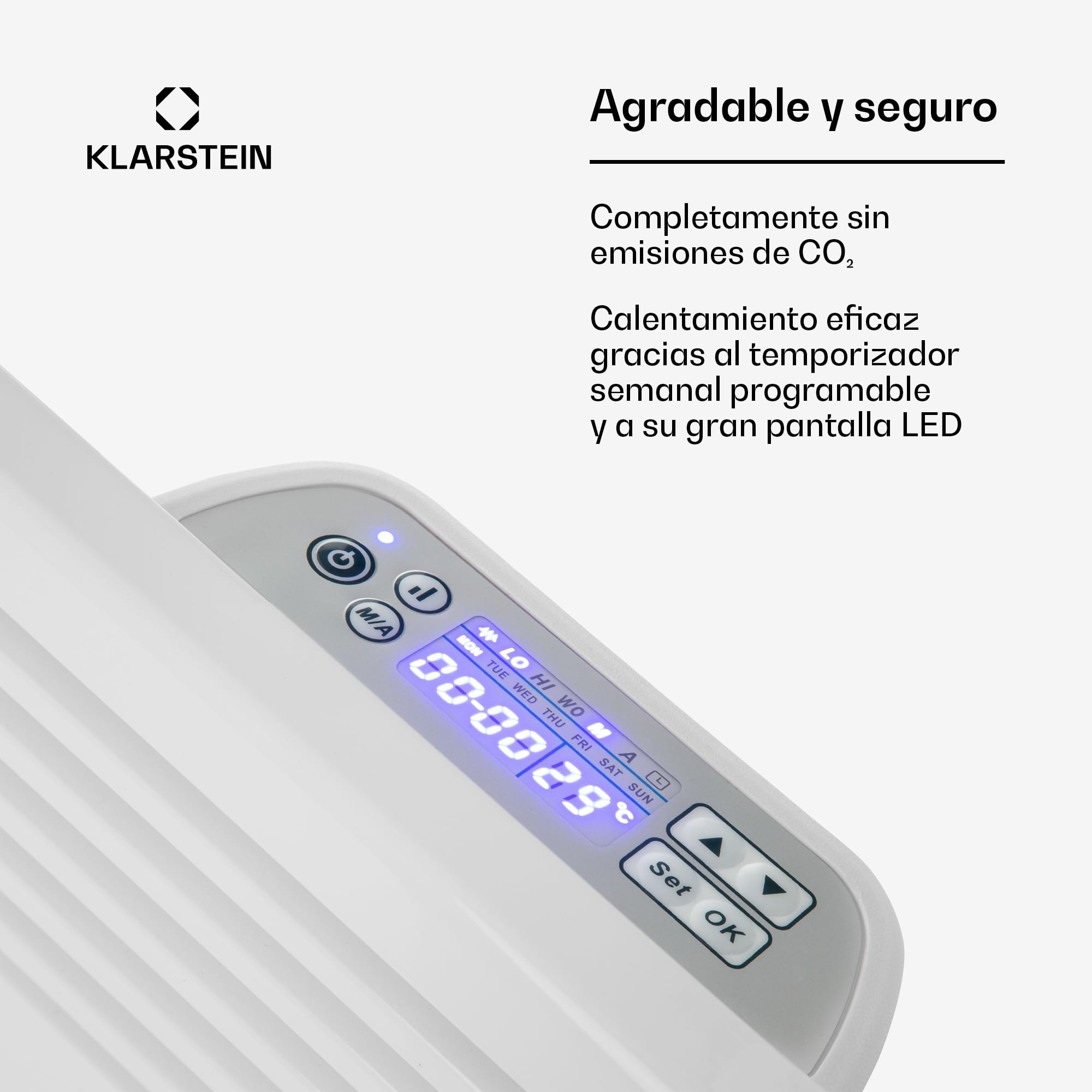 Klarstein Radiadores Bajo Consumo Electricos para Casa, Estufa Electrica de 2000W, Patas de Aluminio, Radiador Electrico Silencioso, Detección Ventanas Abiertas, Estufas Panel para Pared y Termostato