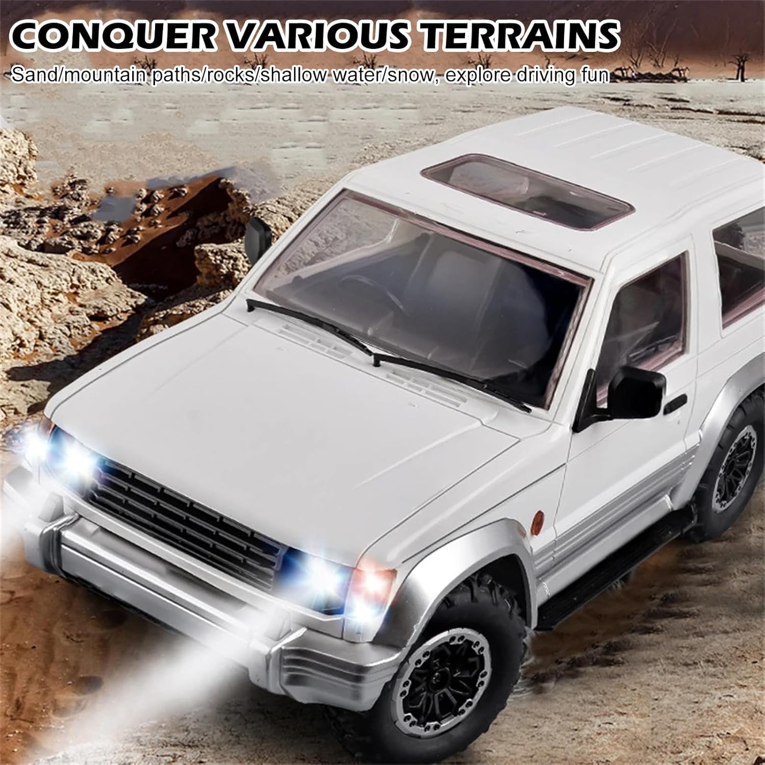 White RC car with remote control, illustrating full proportional steering.