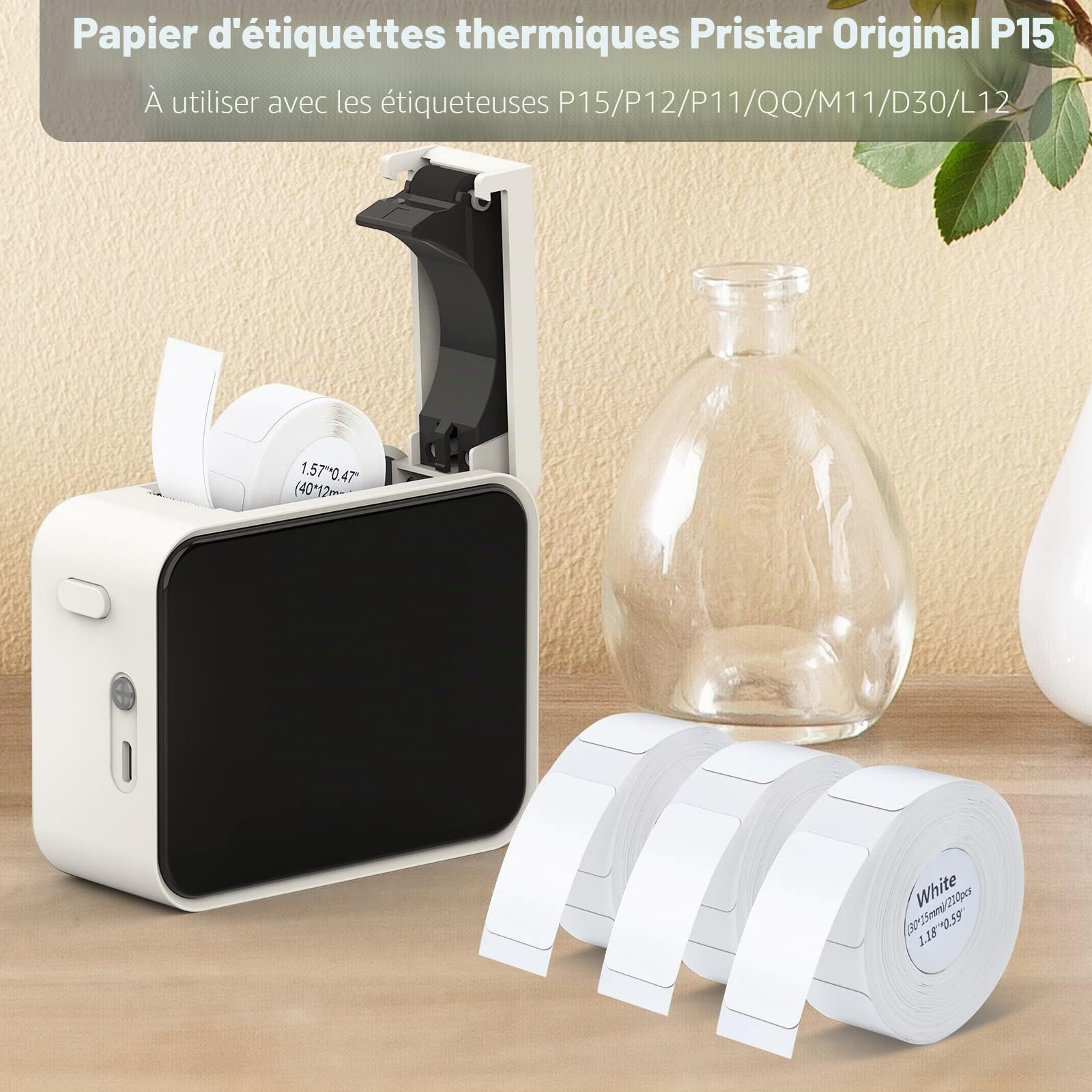 Pristar P15 ruban d'étiquettes thermiques autocollantes 15mm*30mm 3 rouleaux blanc 210 étiquettes/rouleau