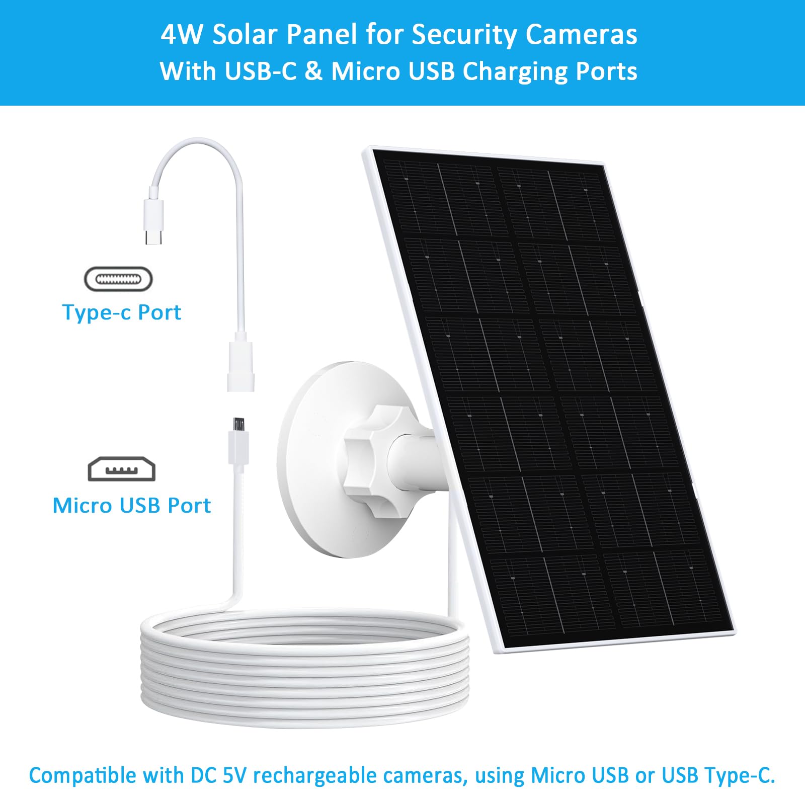 Pannello solare da 4 W per telecamera di sicurezza, pannello solare con porta micro USB e USB-C per fotocamera di sicurezza a batteria ricaricabile, caricatore per pannello solare con supporto