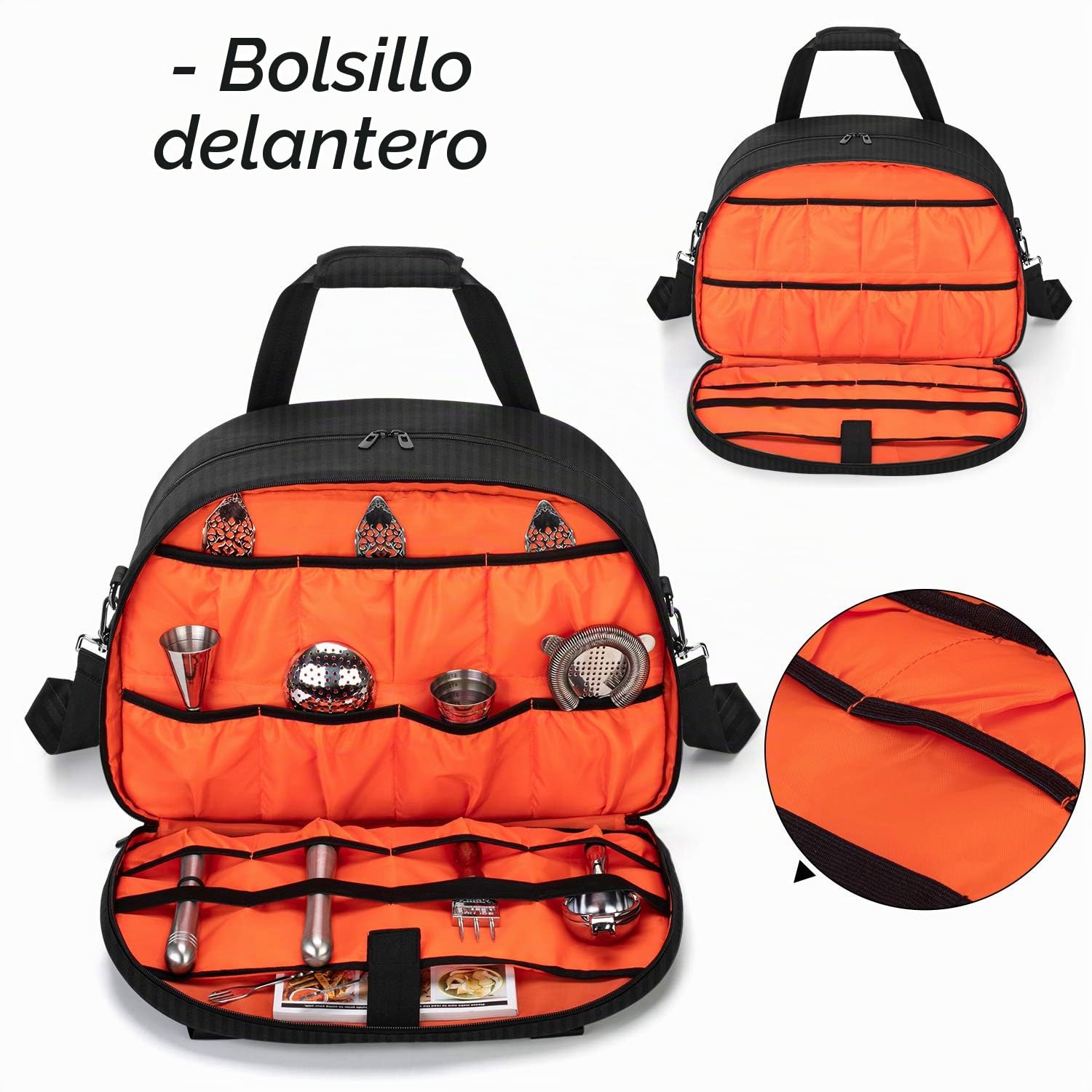 CURMIO Bartender Bag Travel Bartender Kit Mochila con compartimentos acolchados, bolsa de transporte portátil para juego de herramientas de bar, perfecta para el hogar, interior, solo bolsa, negro | 7 Separadores, Correa Hombro Desmontable, para Casa/ Ter