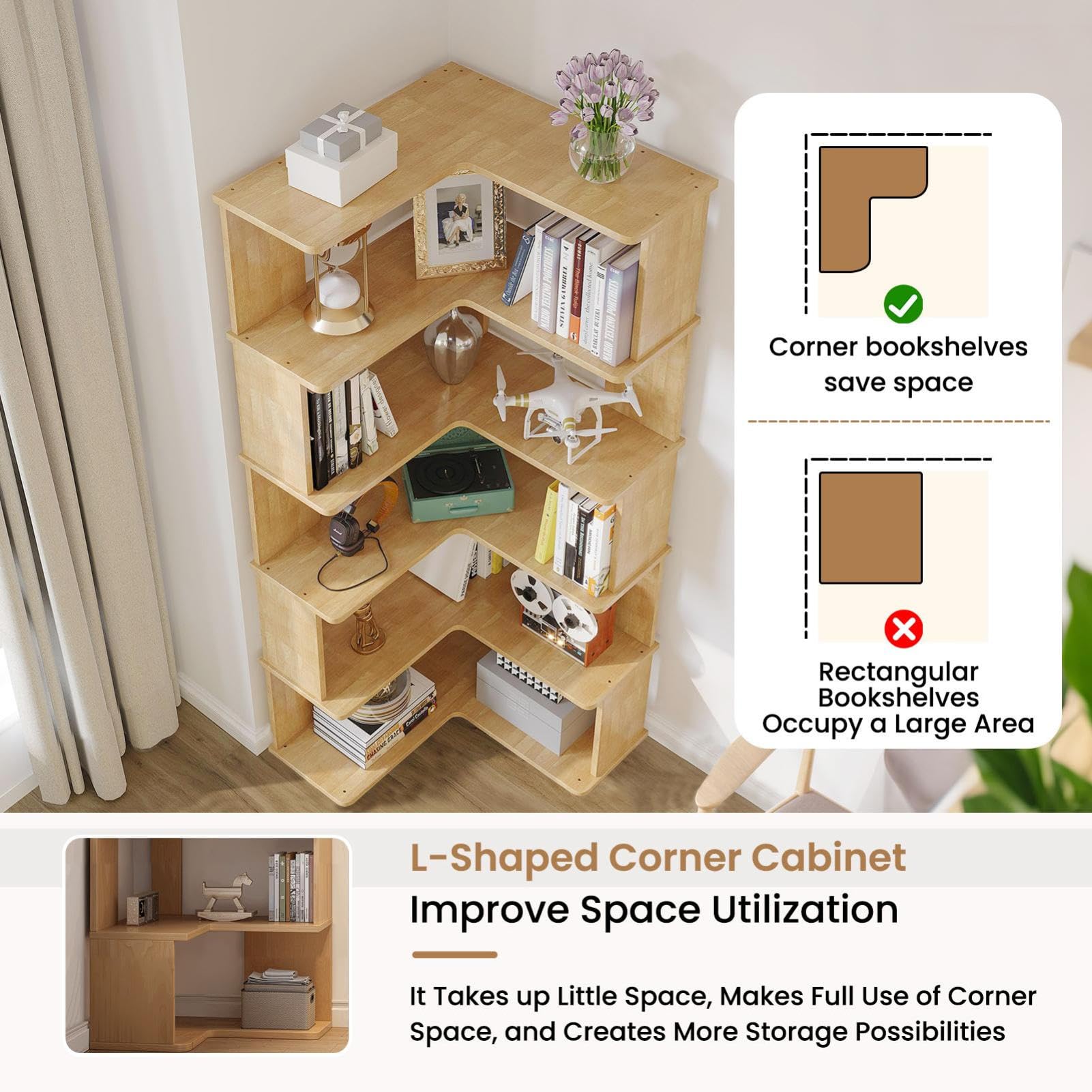Scaffale angolare, libreria, 6 ripiani, grande e moderna, ad angolo, a forma di L, per camera da letto, soggiorno, studio, 157 x 60 x 60 cm