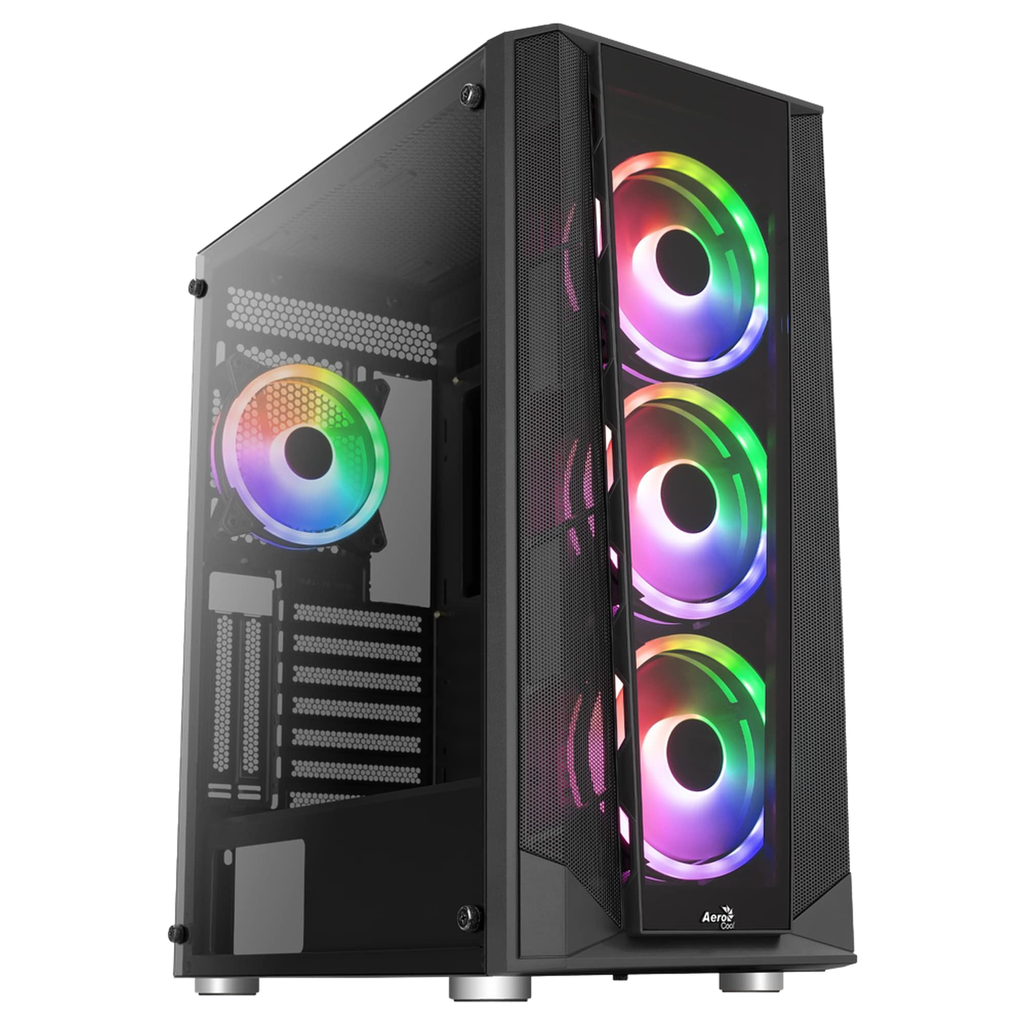 Aerocool PRISMBKV3, ATX PC-Gehäuse Schwarz, 4 Lüfter ARGB, Front + Seite gehärtetes Glas