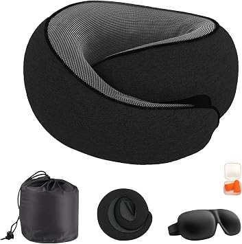 Cloud Sleep Travel Pillow|360 Adjustable Neck Pillow for Airplane & Office|NASA Memory Foam|Free Eye Mask & Earplugs Black