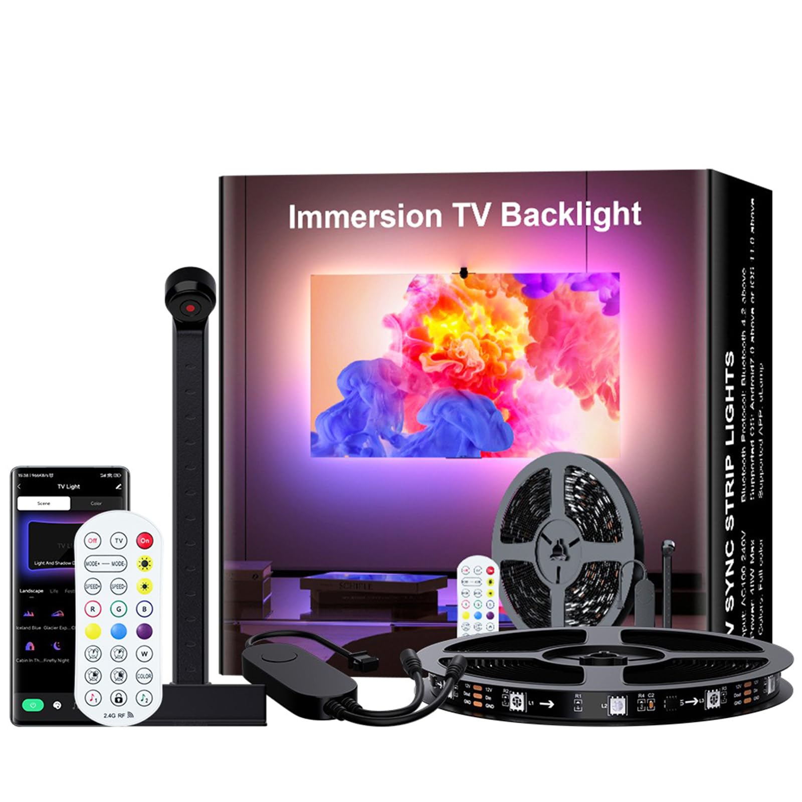 Retroilluminazione TV 3 Lite con Funzione di Correzione Fish-Eye, Sync per TV da 55-75 Pollici, Striscia LED WiFi TV RGBICW da 5 m con Fotocamera, 4 Colori in 1 Lampada Bead, Telecomando