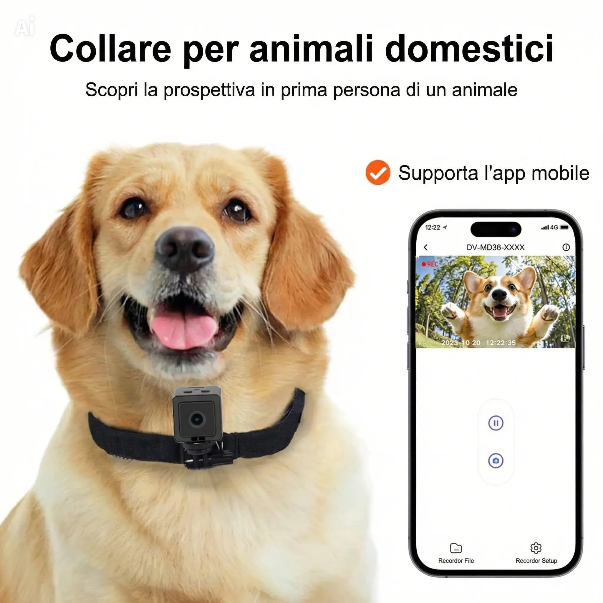 Telecamera per Cani e Gatti WiFi con Visione in Tempo Reale – Videocamera Portatile Full HD 1080P con Grandangolo 120°, Batteria 700mAh, Supporto Micro SD, Connessione Hotspot AP – Monitora il Tuo Pet