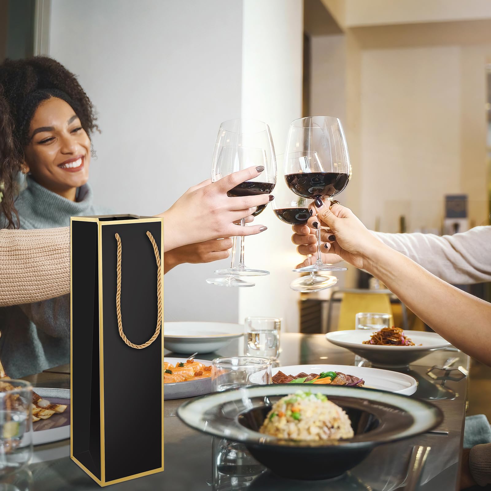 Wine Gift Bags 2 PCS Luxury Wine Bottle Gift Bags, 4"X4"X13.8" Reusable Liquor Bags With Gold Foil Print, Gold Foil Brown Wine Bags For Party Wedding Party Anniversary Champagne Wine Bags With - View #3