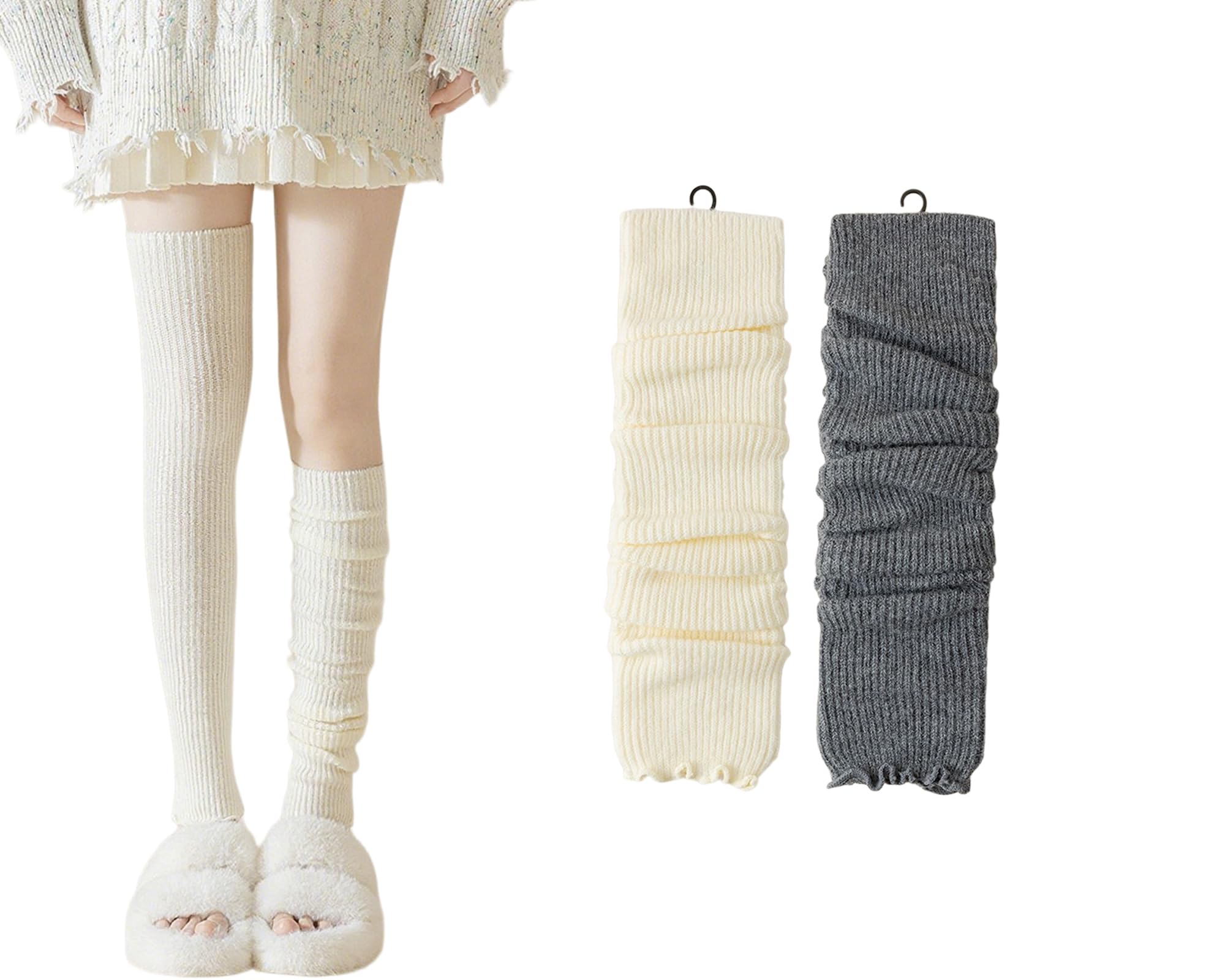 CHUNFO Womens Ribbed Wool-Cotton Over-Knee Leg Warmers Slouch Breathable Stretchy Cute One Size