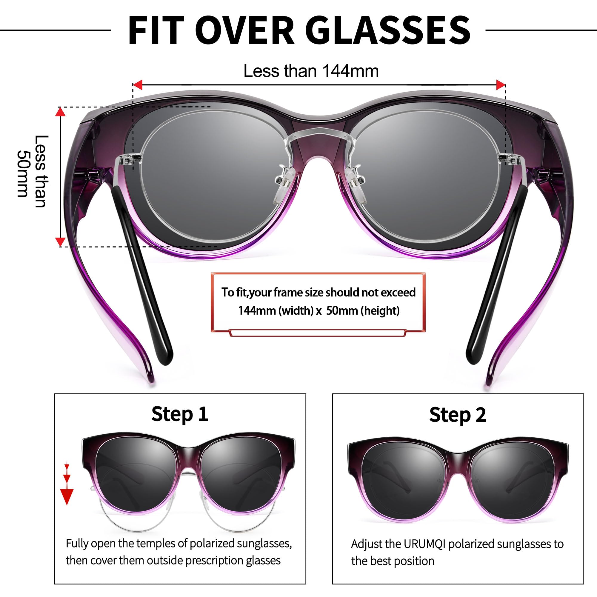 URUMQI Überzieh Sonnenbrille für Brillenträger Damen UV400 Schutz Blendschutz Polarisierte Sonnenbrille Fit over Brille Ultra Leicht Rundes Katzenauge Lila Rahmen