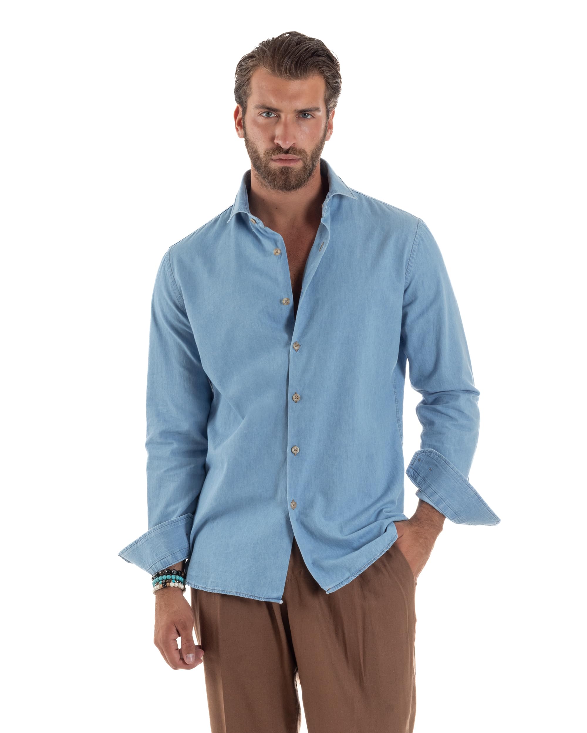 Camicia Uomo Jeans Collo Francese Denim Cotone Casual