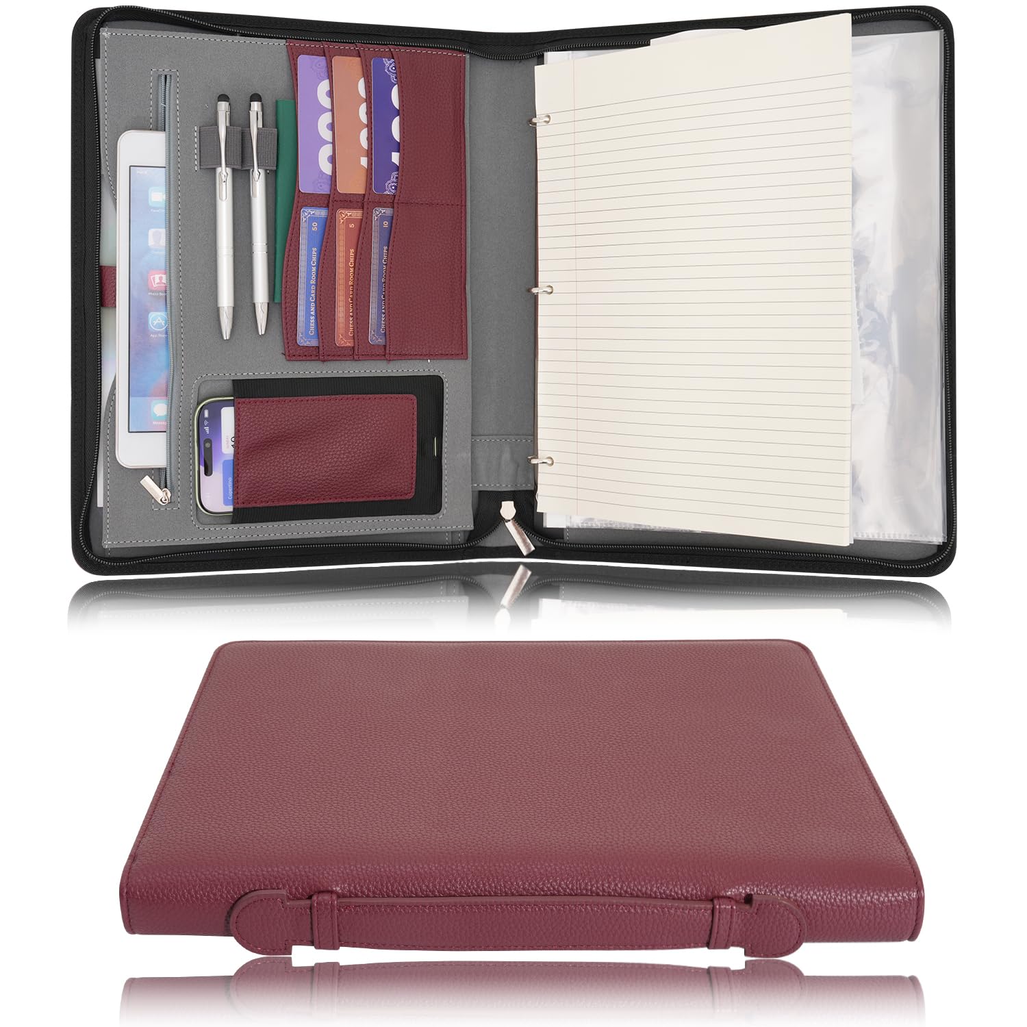 Wonderpool Travel Zippered Portfolio 3 Ring Binder A4 Padfolio Document Case with Removable Clipboard Legal Pad Holder, Business Office School Organizer for Men and Women (Wine red)